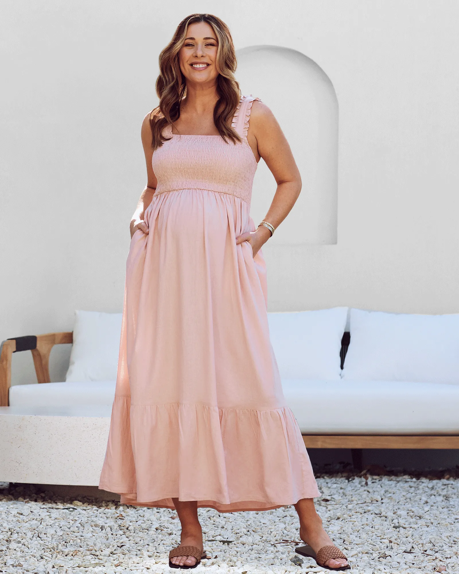 Margot Maternity Shirred Dress in Blush Pinki