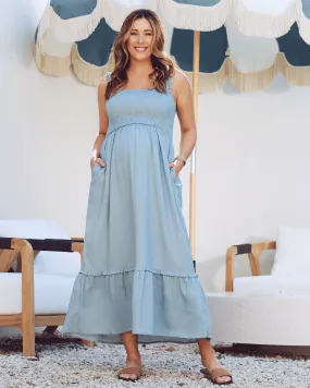 Margot Maternity Shirred Dress in Light Blue