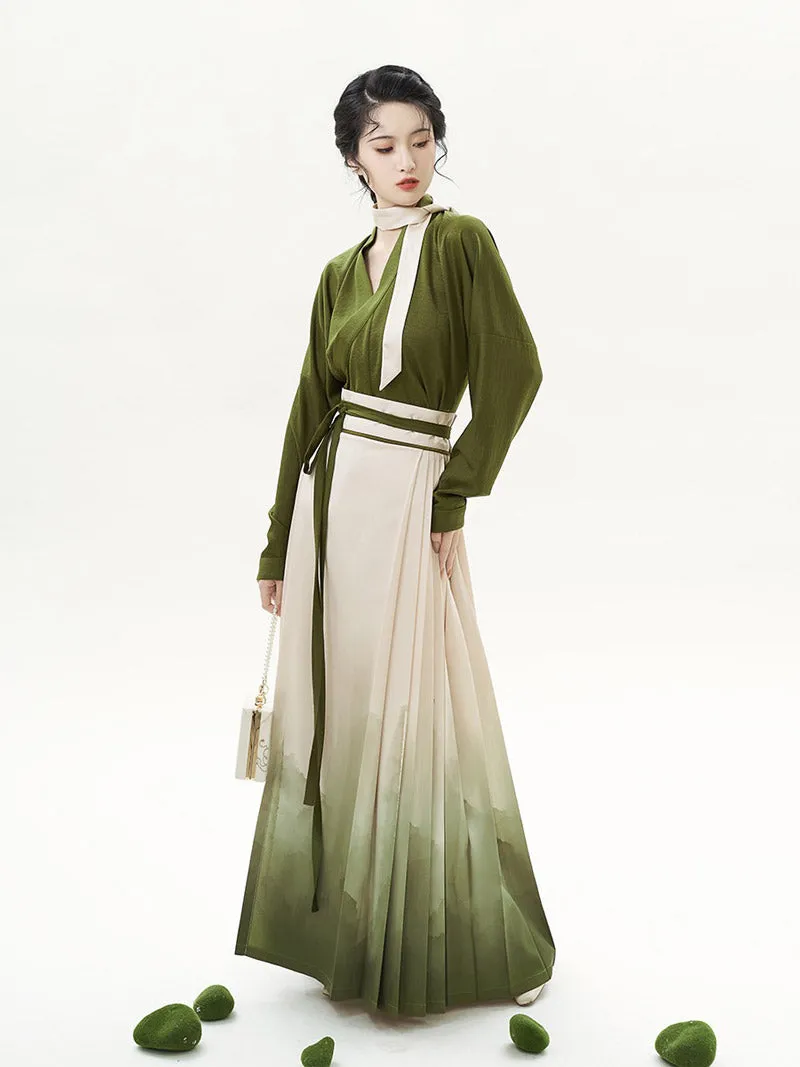 Matcha Green Chinese Style Artistic Landscape Painting Morden Hanfu Set Mamianqun Hanfu Skirt