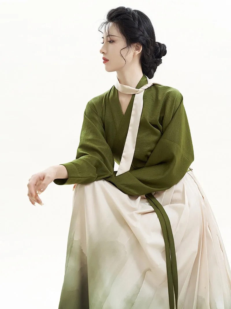 Matcha Green Chinese Style Artistic Landscape Painting Morden Hanfu Set Mamianqun Hanfu Skirt