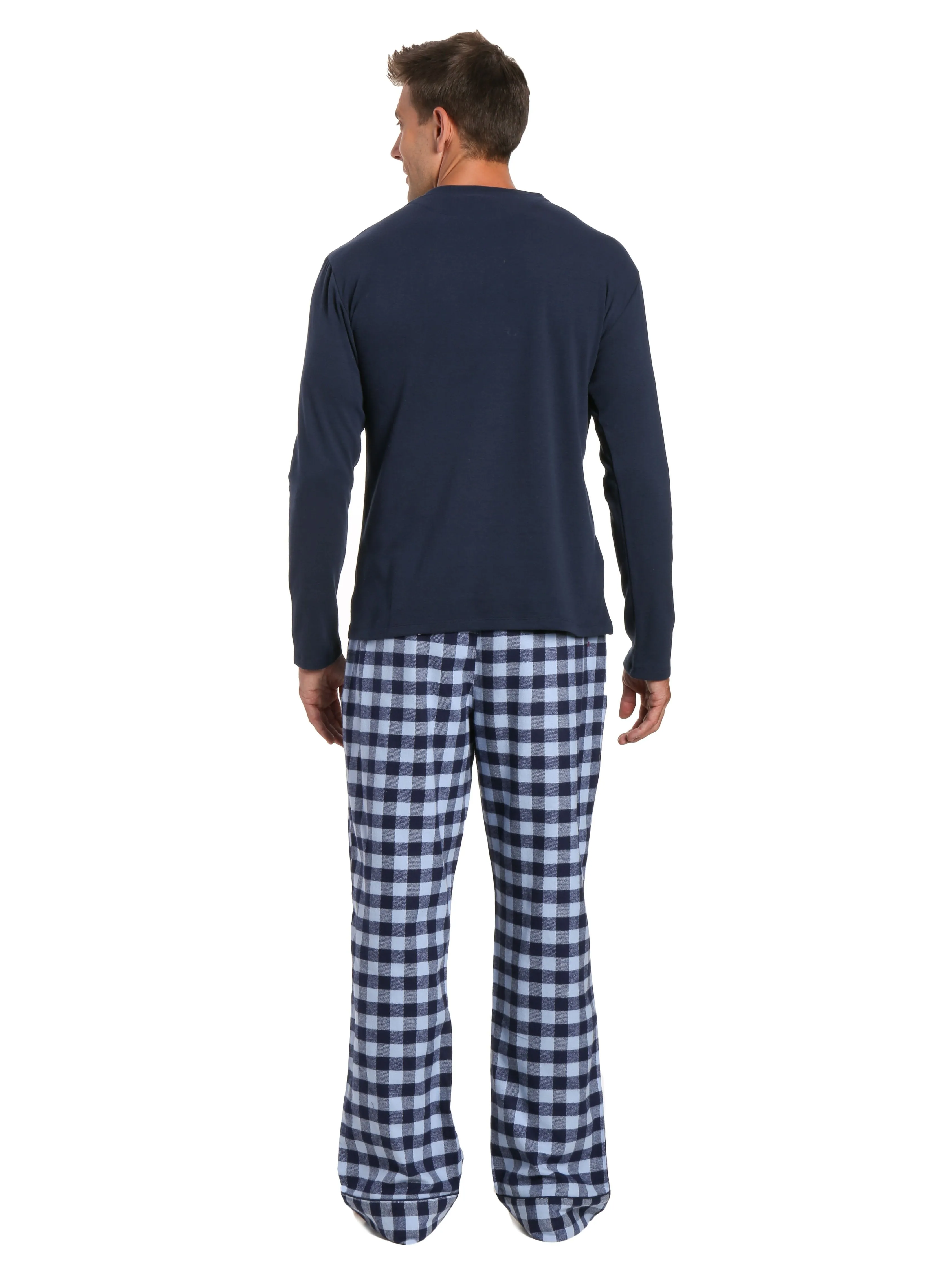 Mens Premium 100% Cotton Flannel Lounge Set - Gingham Checks - Navy Blue