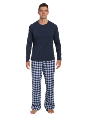 Mens Premium 100% Cotton Flannel Lounge Set - Gingham Checks - Navy Blue