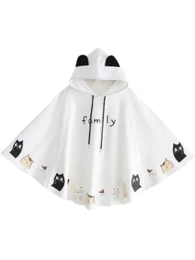 Metaversmall Women Cloak Outerwear Cartoon Cat Print With Ears On Hood Hoodies Coat Pullover Poncho Jacket  Hooded