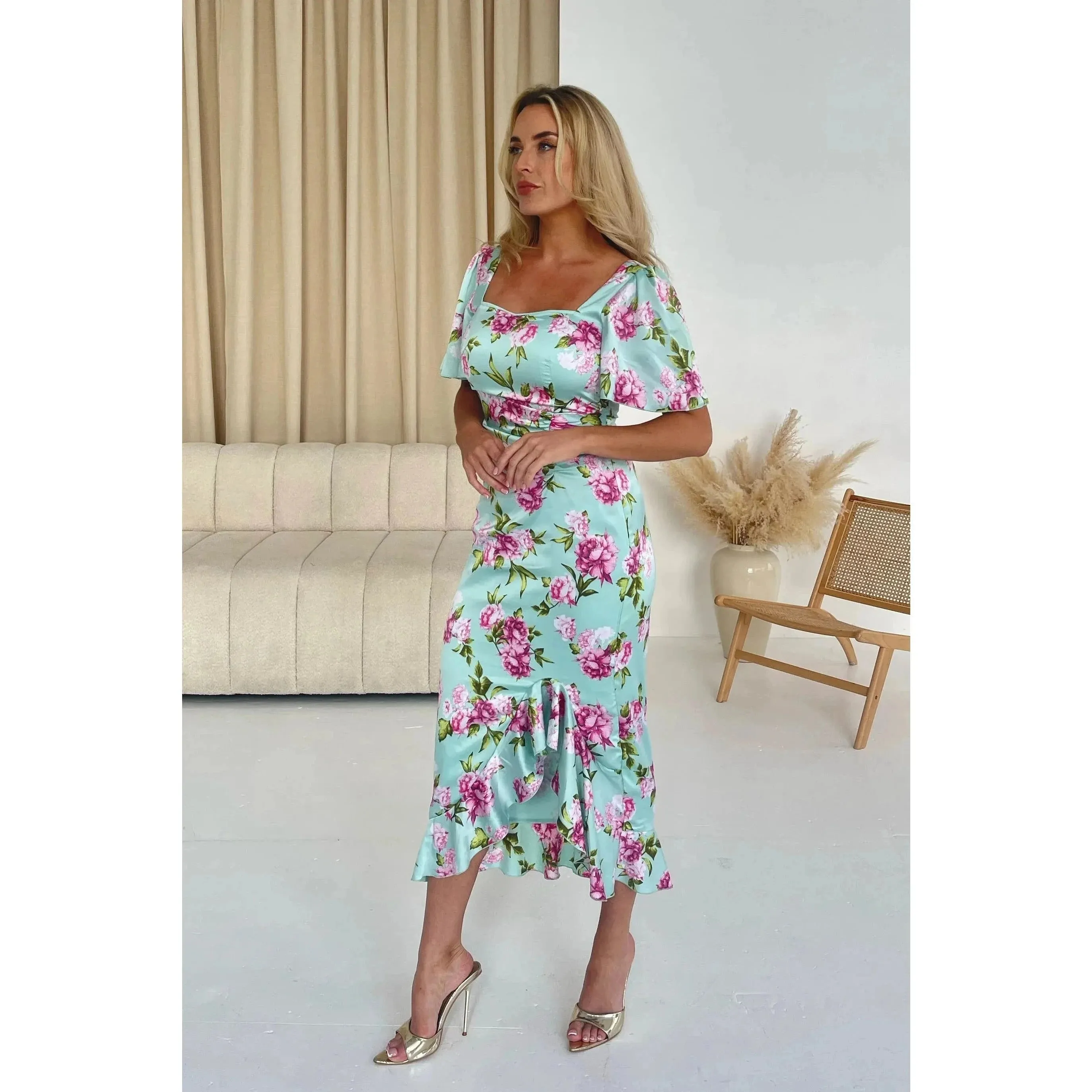 Mint Green & Pink Floral Satin Ruched Midi Dress With Sweetheart Neckline