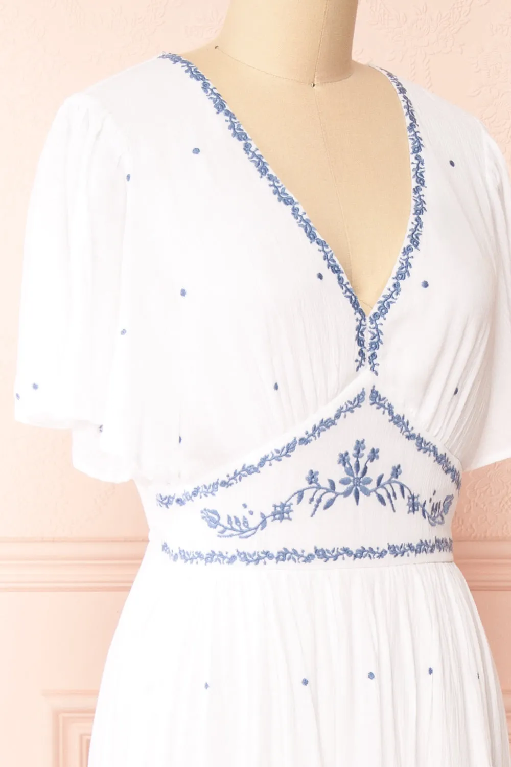 Monet | White Maxi Dress w/ Blue Embroidery