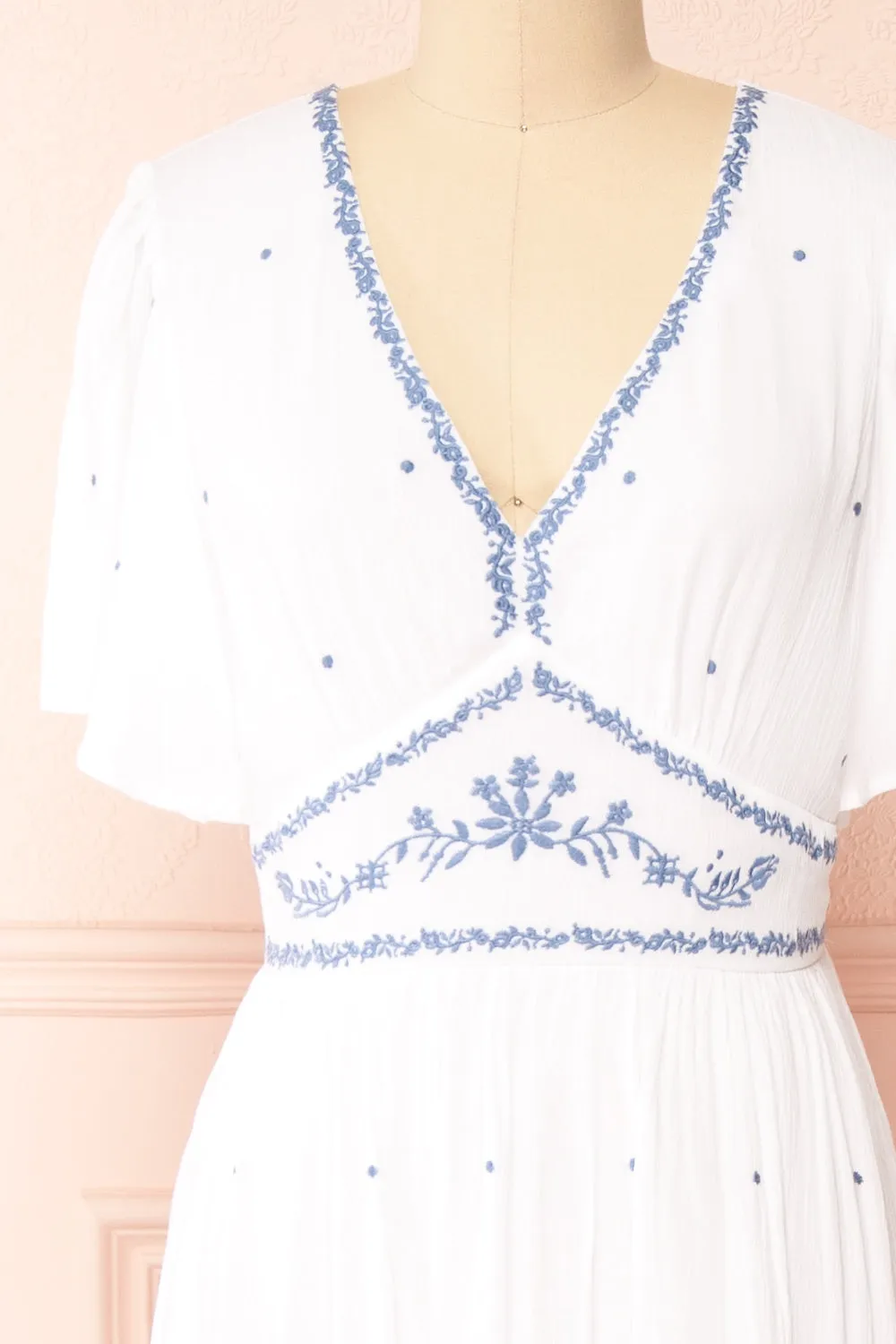 Monet | White Maxi Dress w/ Blue Embroidery