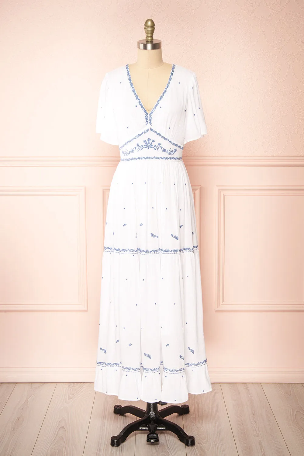 Monet | White Maxi Dress w/ Blue Embroidery