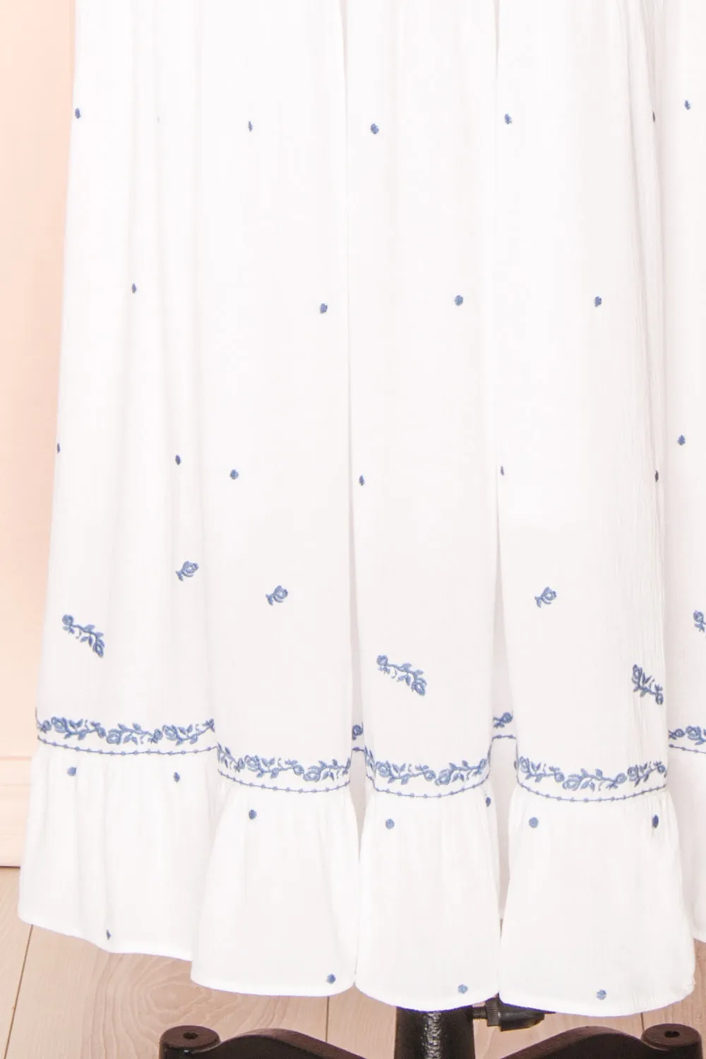 Monet | White Maxi Dress w/ Blue Embroidery