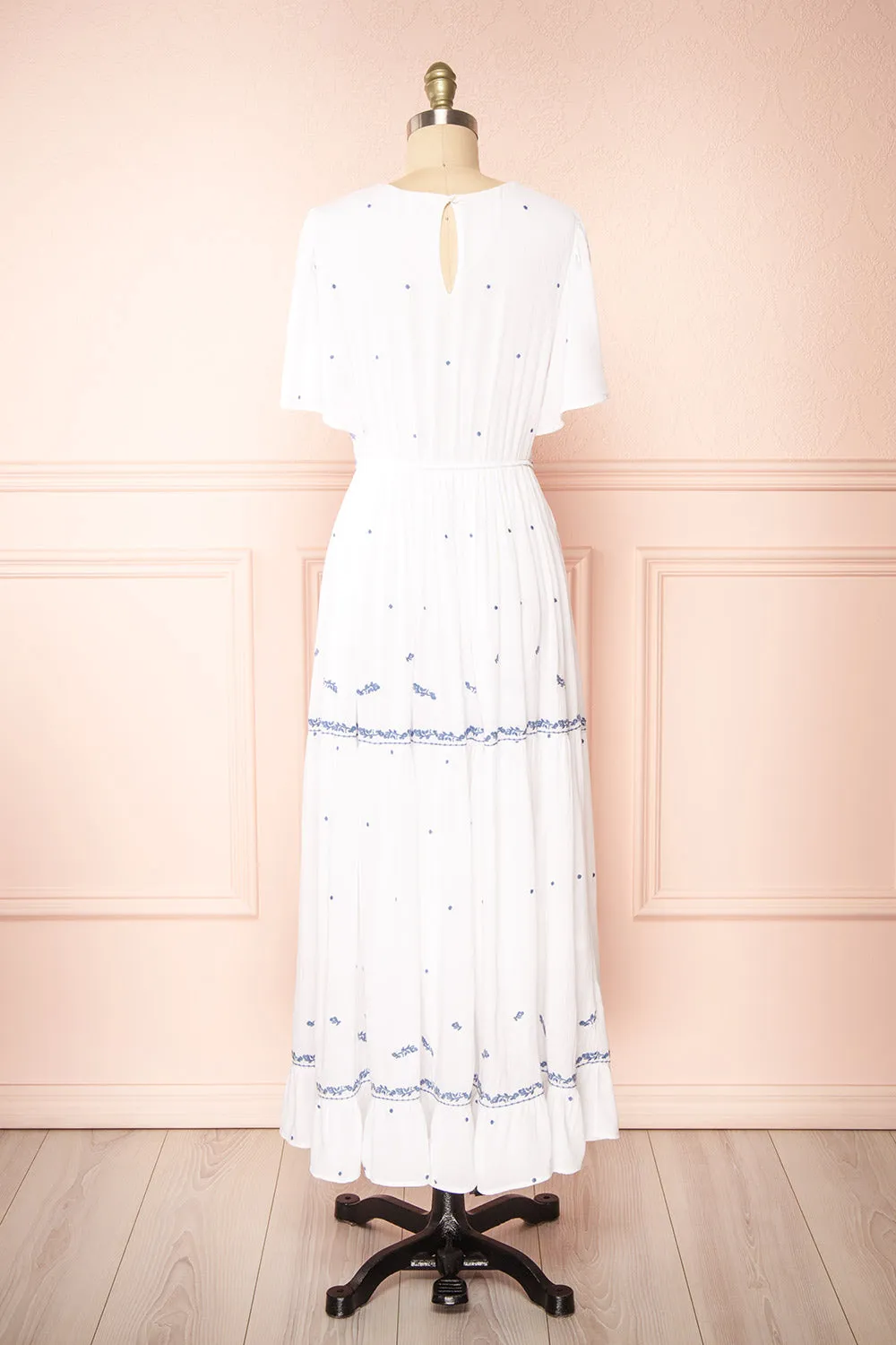 Monet | White Maxi Dress w/ Blue Embroidery