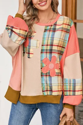 Multicolor Plaid Flower Patchwork Waffle Drop Shoulder Loose Top – Style with a Playful Twist!