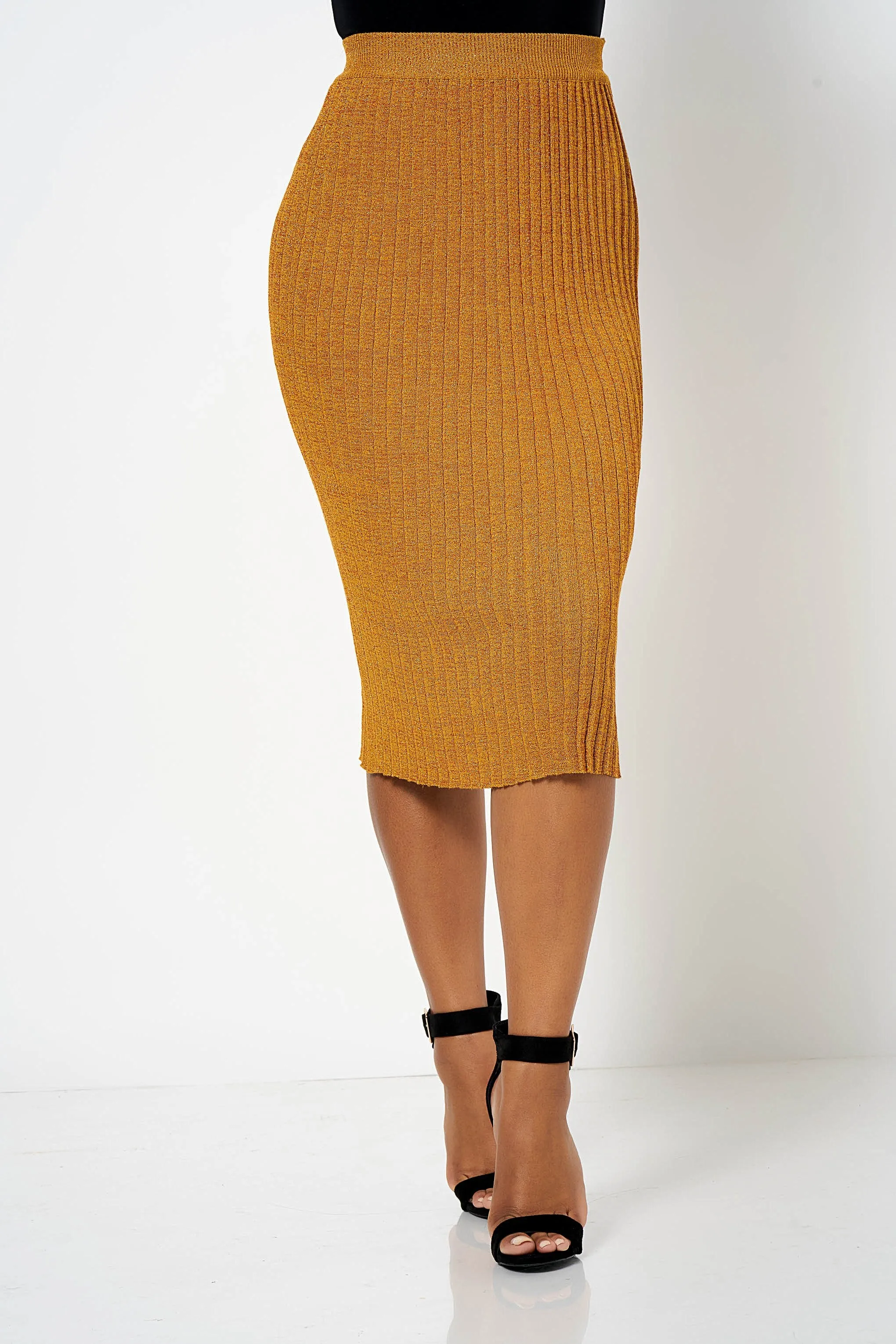 Mustard Lurex Knited Co-ord Midi Skirt