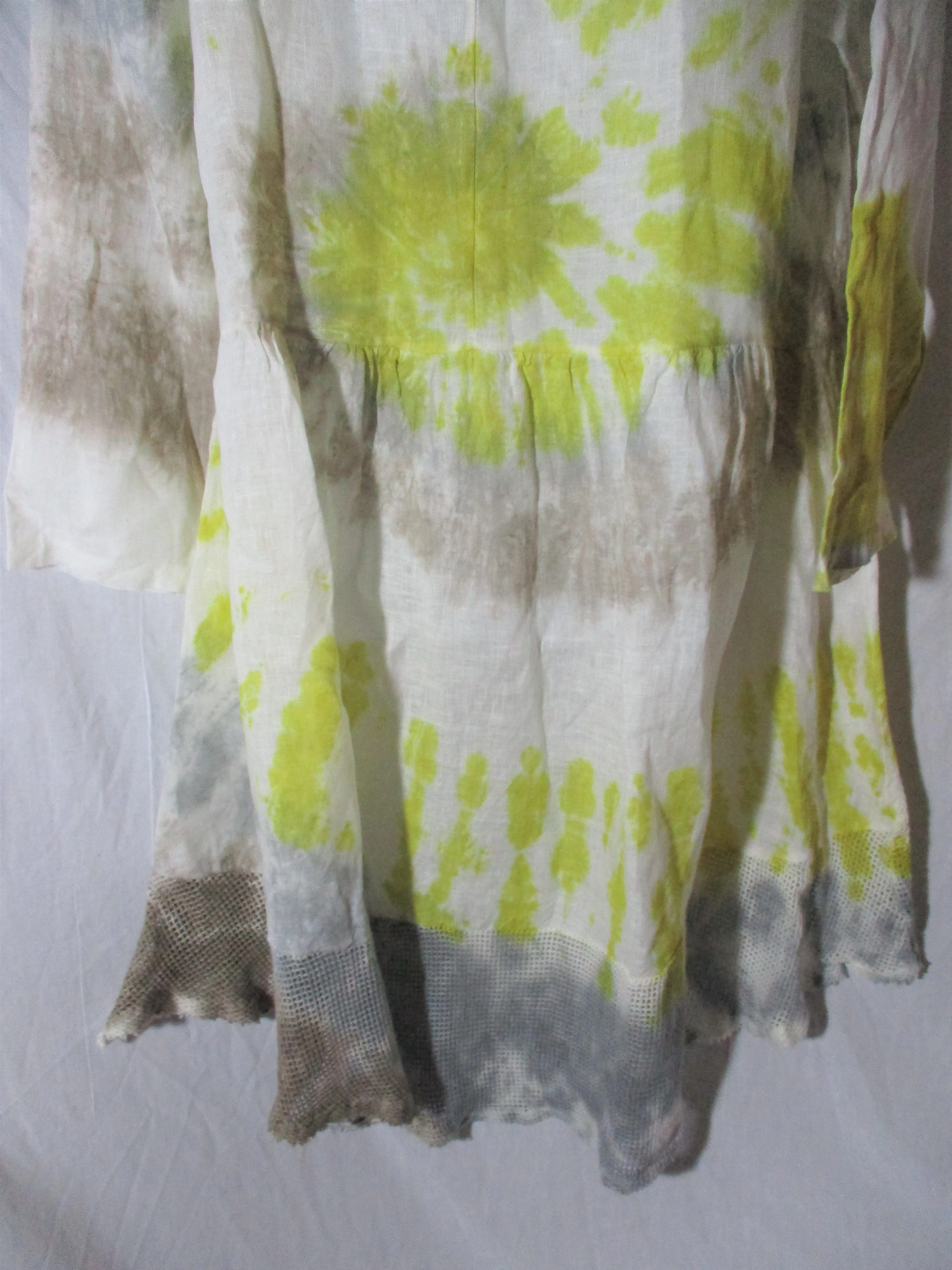 NEW BELLE FRANCE 100% LINEN MESH ITALY Tie-Dye DRESS L Yellow Gray grey