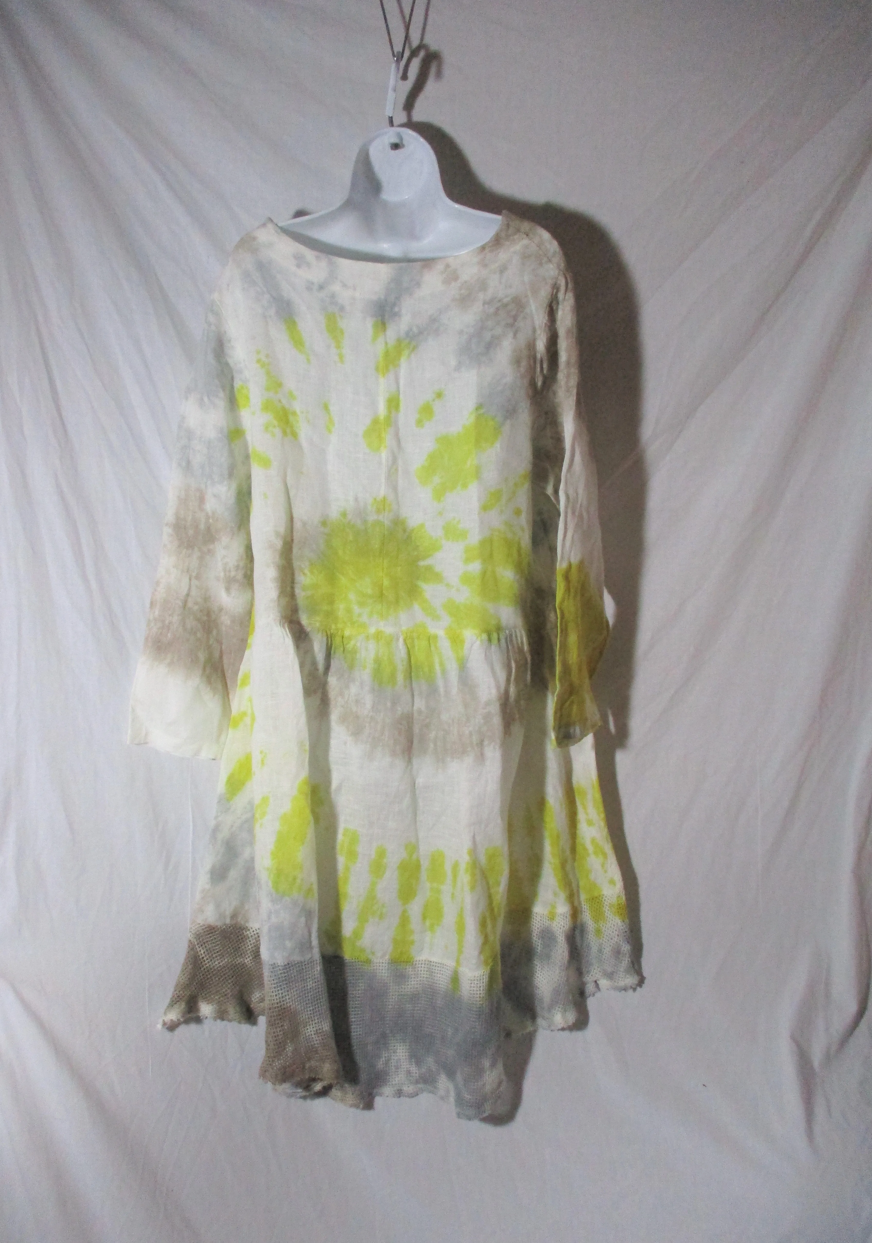 NEW BELLE FRANCE 100% LINEN MESH ITALY Tie-Dye DRESS L Yellow Gray grey