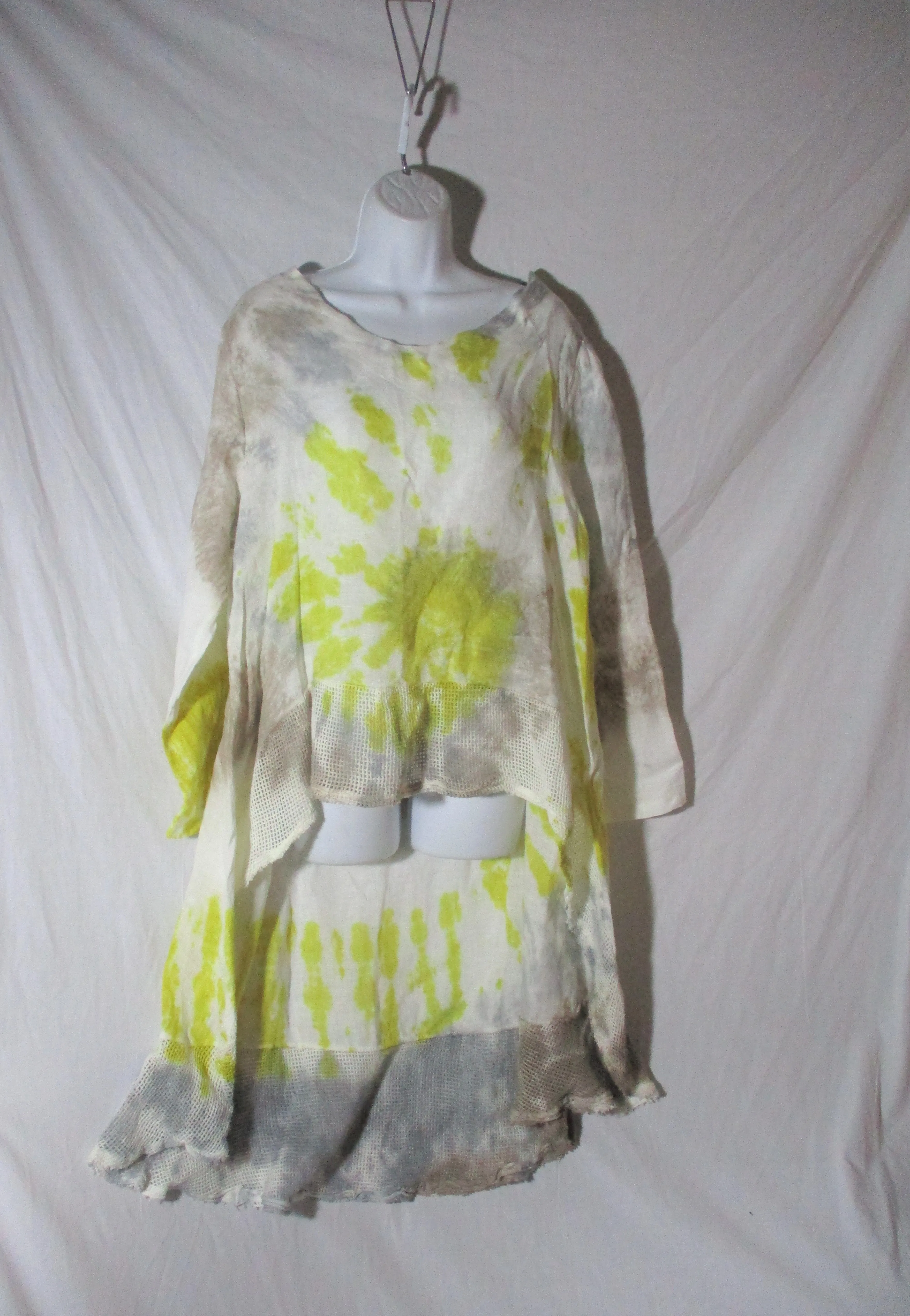 NEW BELLE FRANCE 100% LINEN MESH ITALY Tie-Dye DRESS L Yellow Gray grey