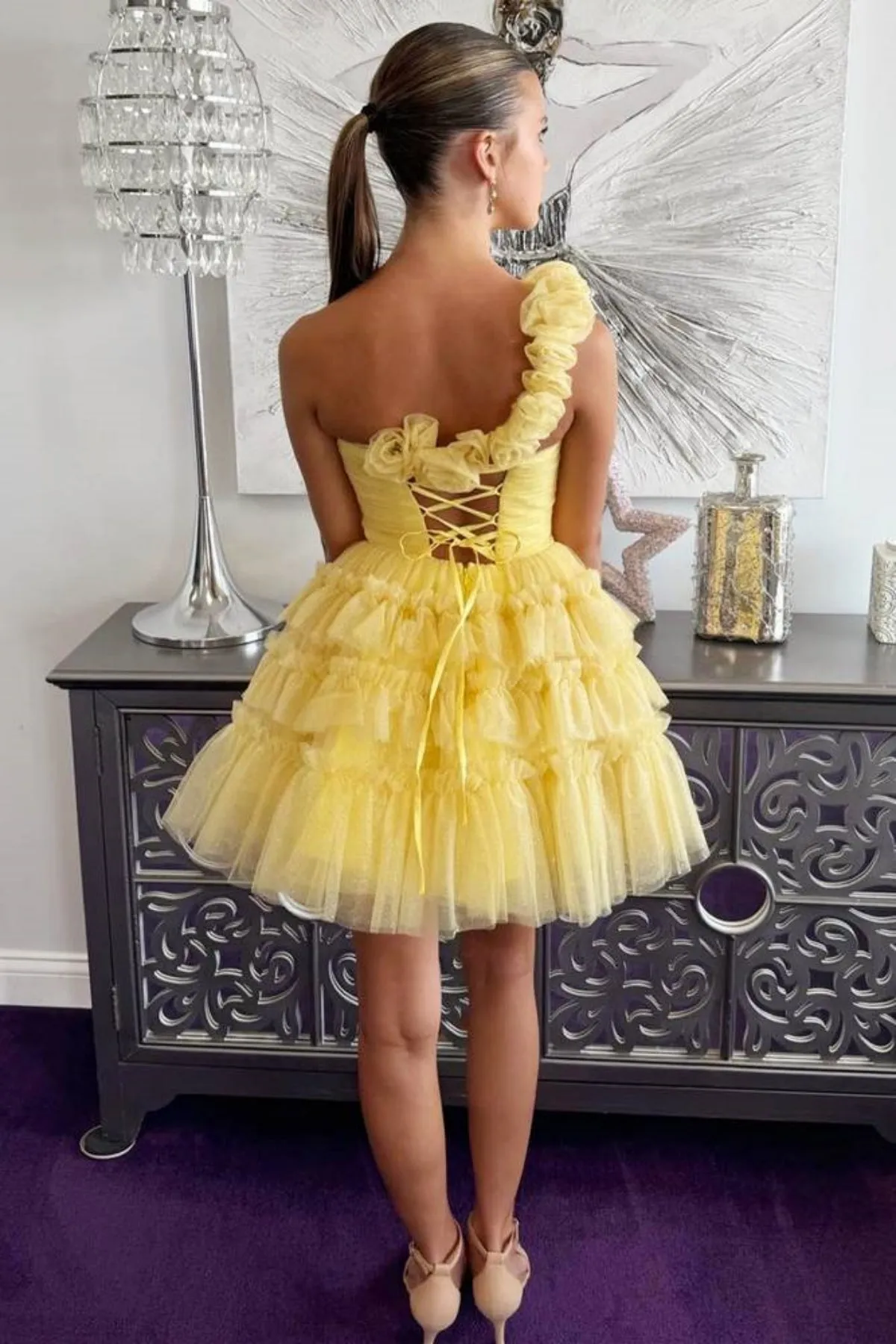 One Shoulder Floral Yellow Tulle Short Prom Dress, Yellow Homecoming Dress with 3D Flowers A2213