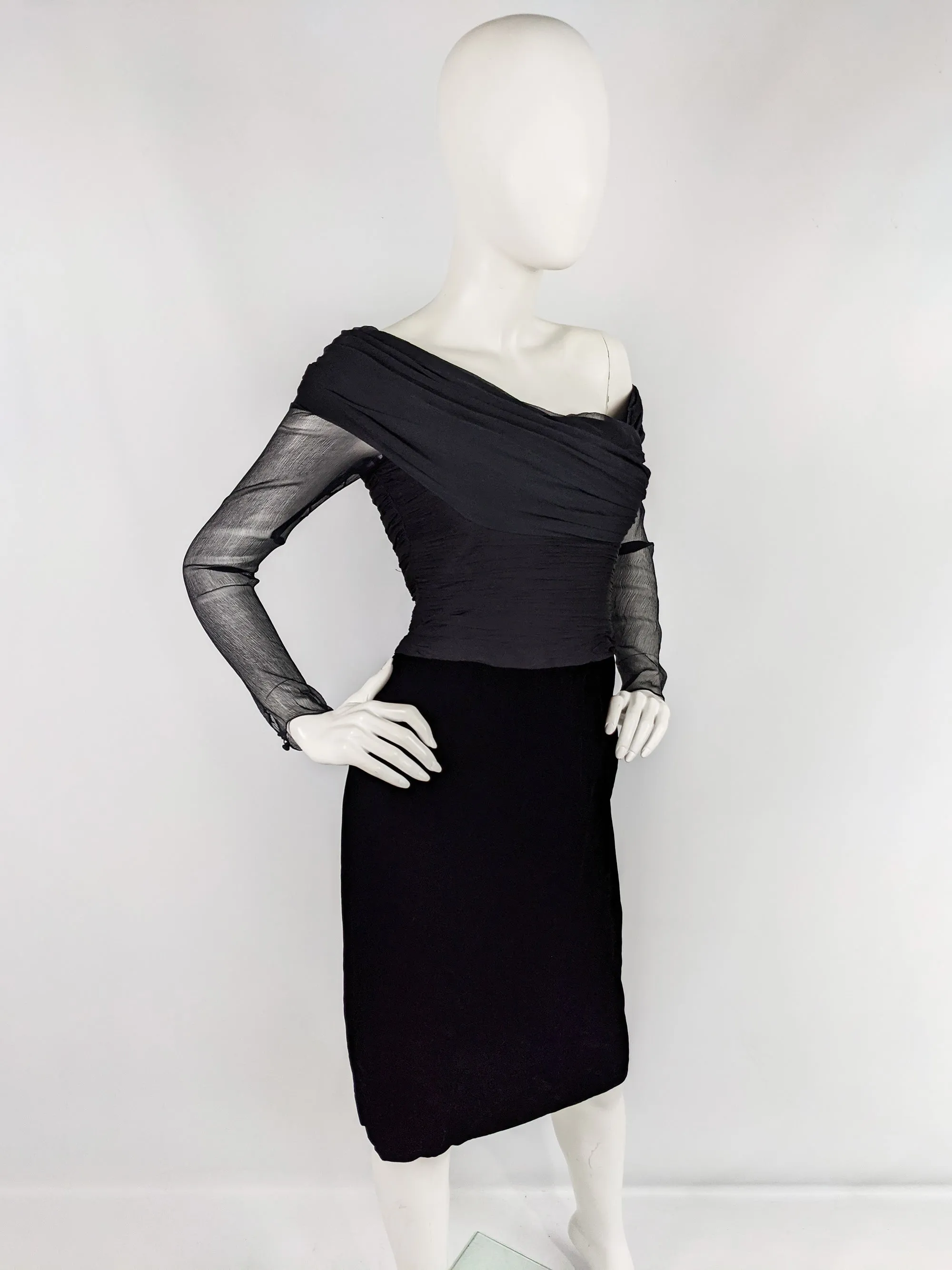 Oscar de la Renta Vintage Black Silk Chiffon & Velvet Dress, 1980s