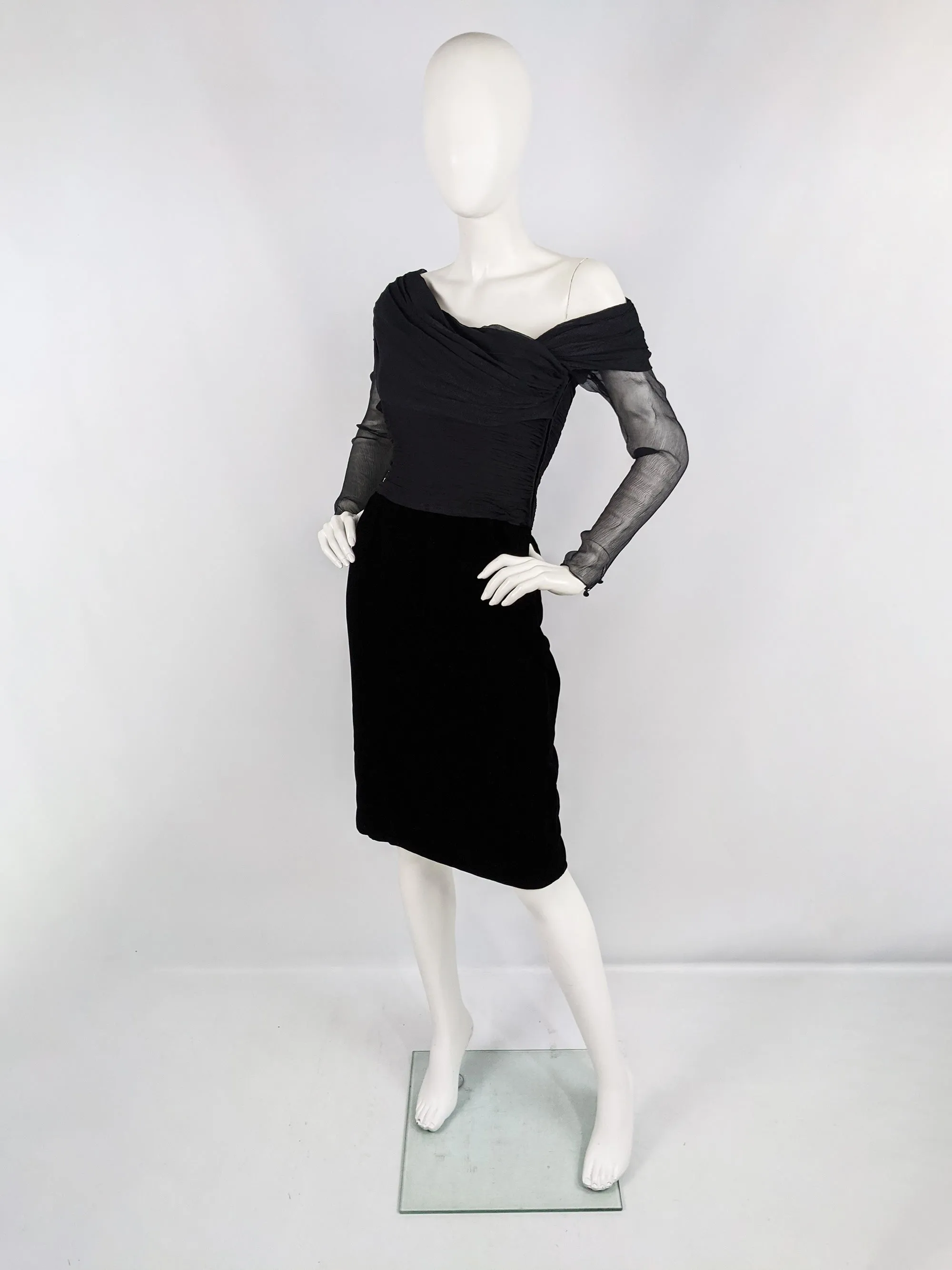 Oscar de la Renta Vintage Black Silk Chiffon & Velvet Dress, 1980s