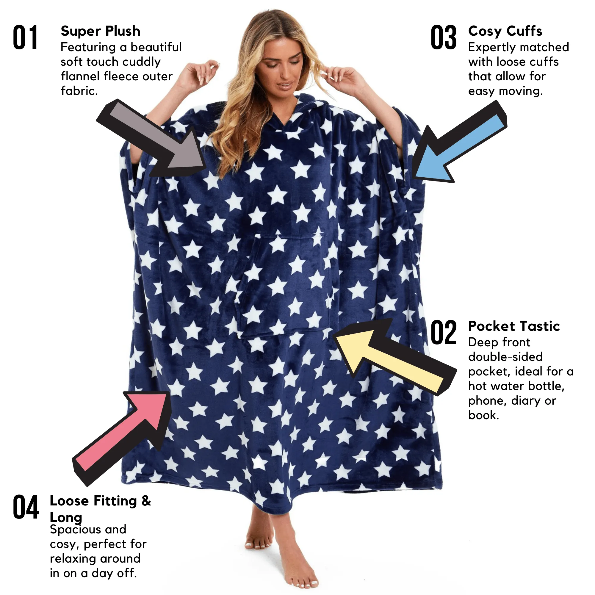 Oversized Hooded Fleece Poncho Blanket with Stars and Polka Dots Plush Wearable Blanket with Front Pocket for Adults Indoor Outdoor by Daisy Dreamer