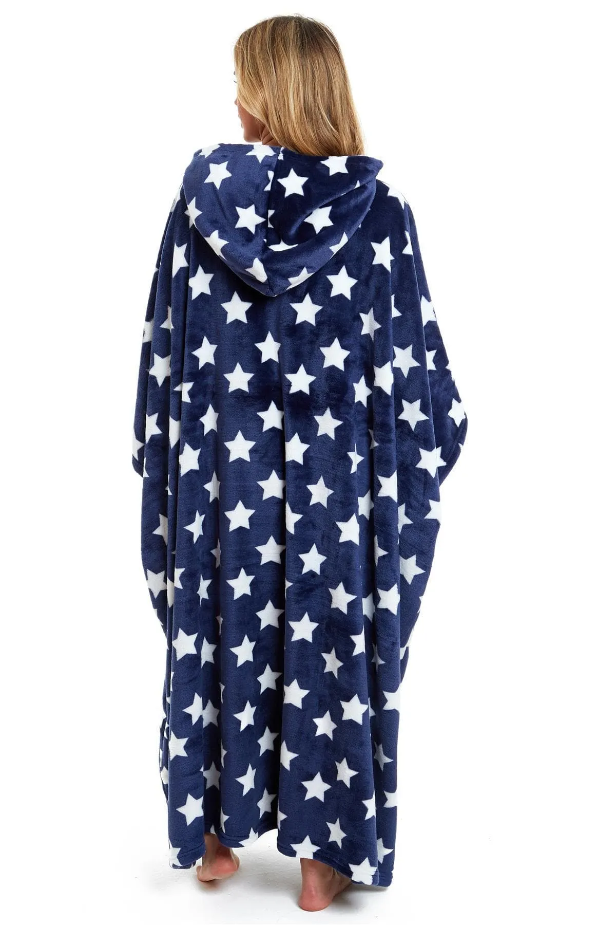 Oversized Hooded Fleece Poncho Blanket with Stars and Polka Dots Plush Wearable Blanket with Front Pocket for Adults Indoor Outdoor by Daisy Dreamer