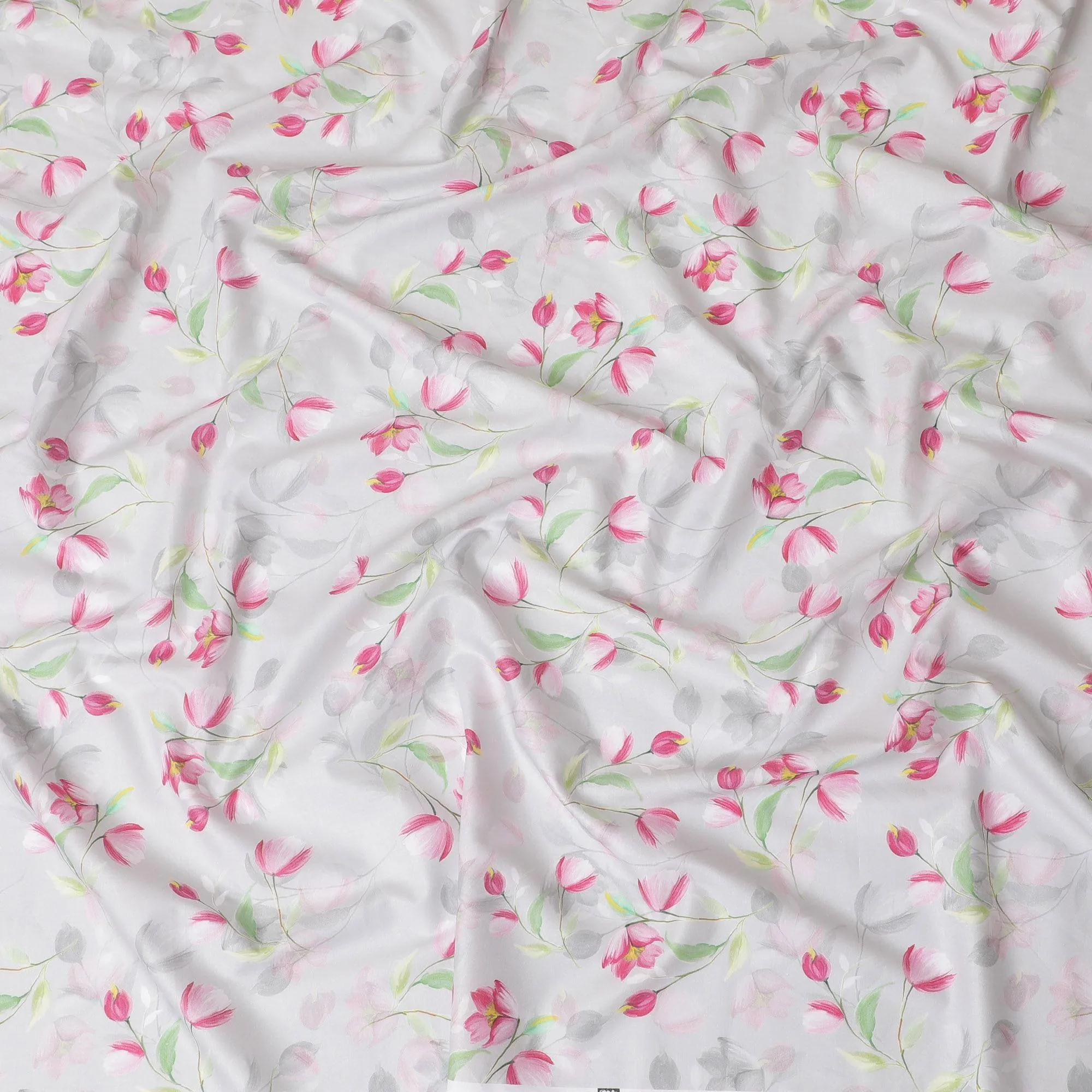 Pearl grey cotton satin fabric with multicolor print in floral design-D15277