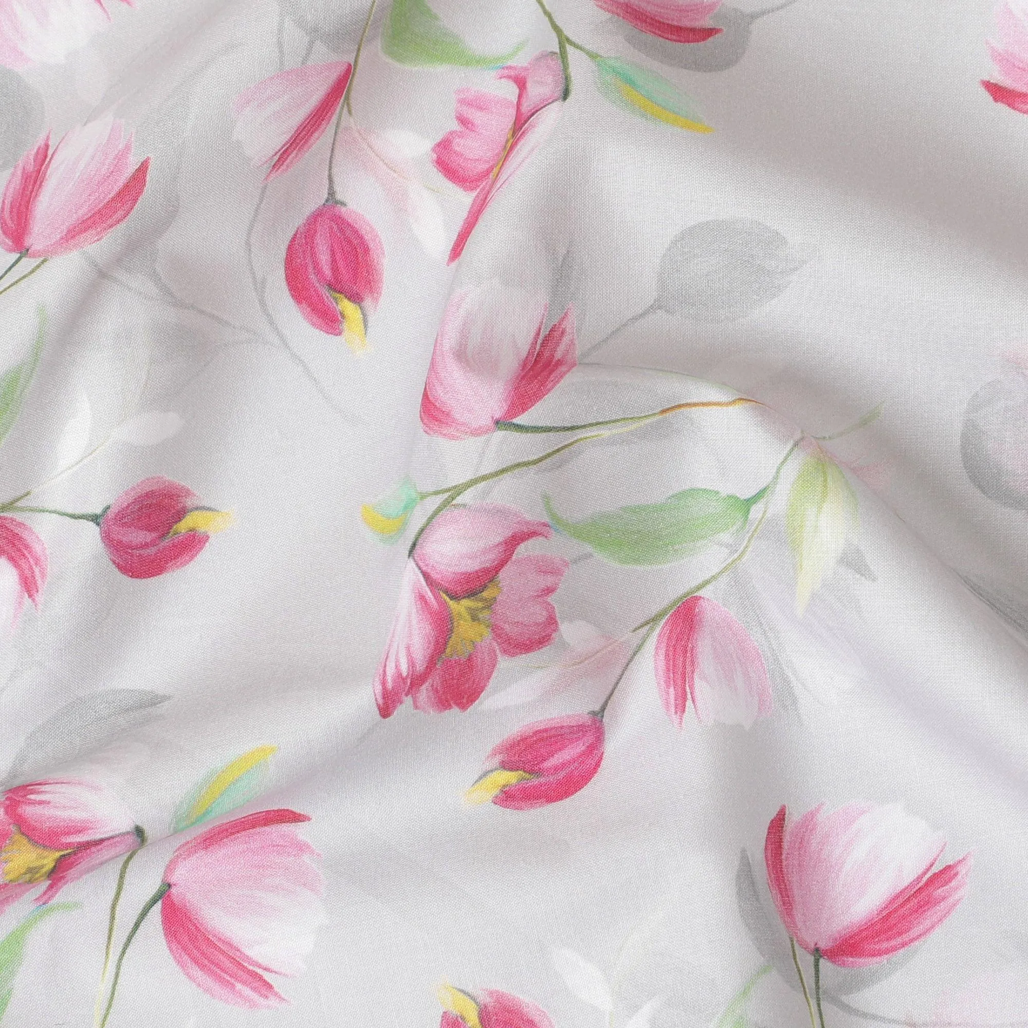 Pearl grey cotton satin fabric with multicolor print in floral design-D15277