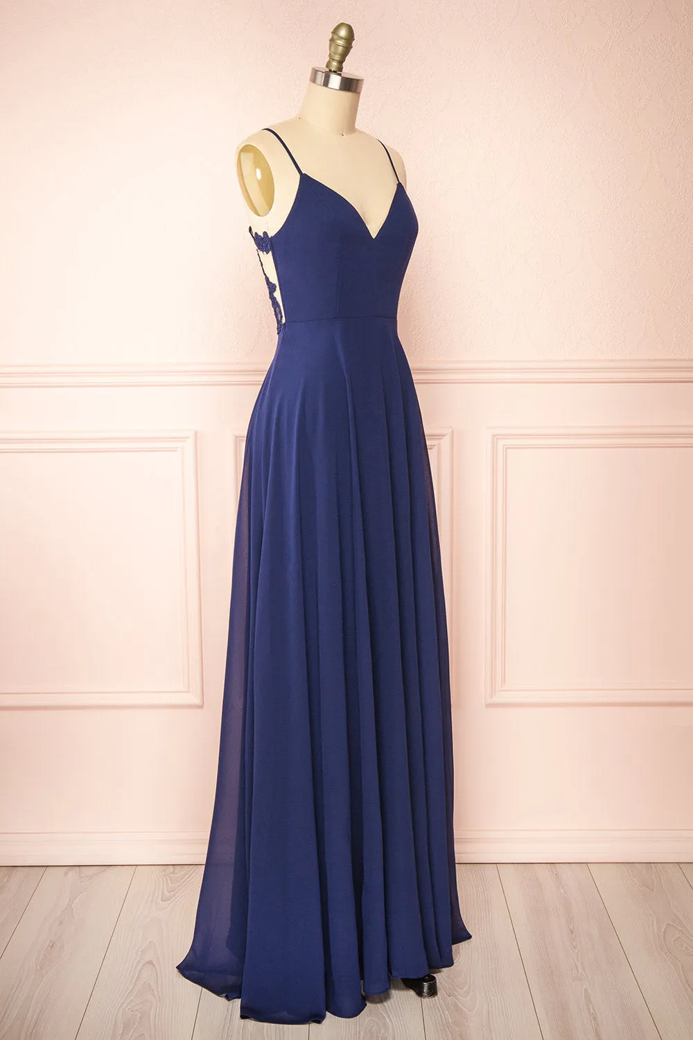 Peggie Navy | Chiffon Maxi Dress w/ Back Embroidery