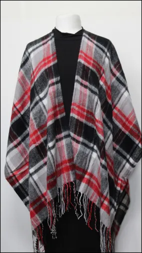 Plaid Pattern Ruana Poncho w/Fringes