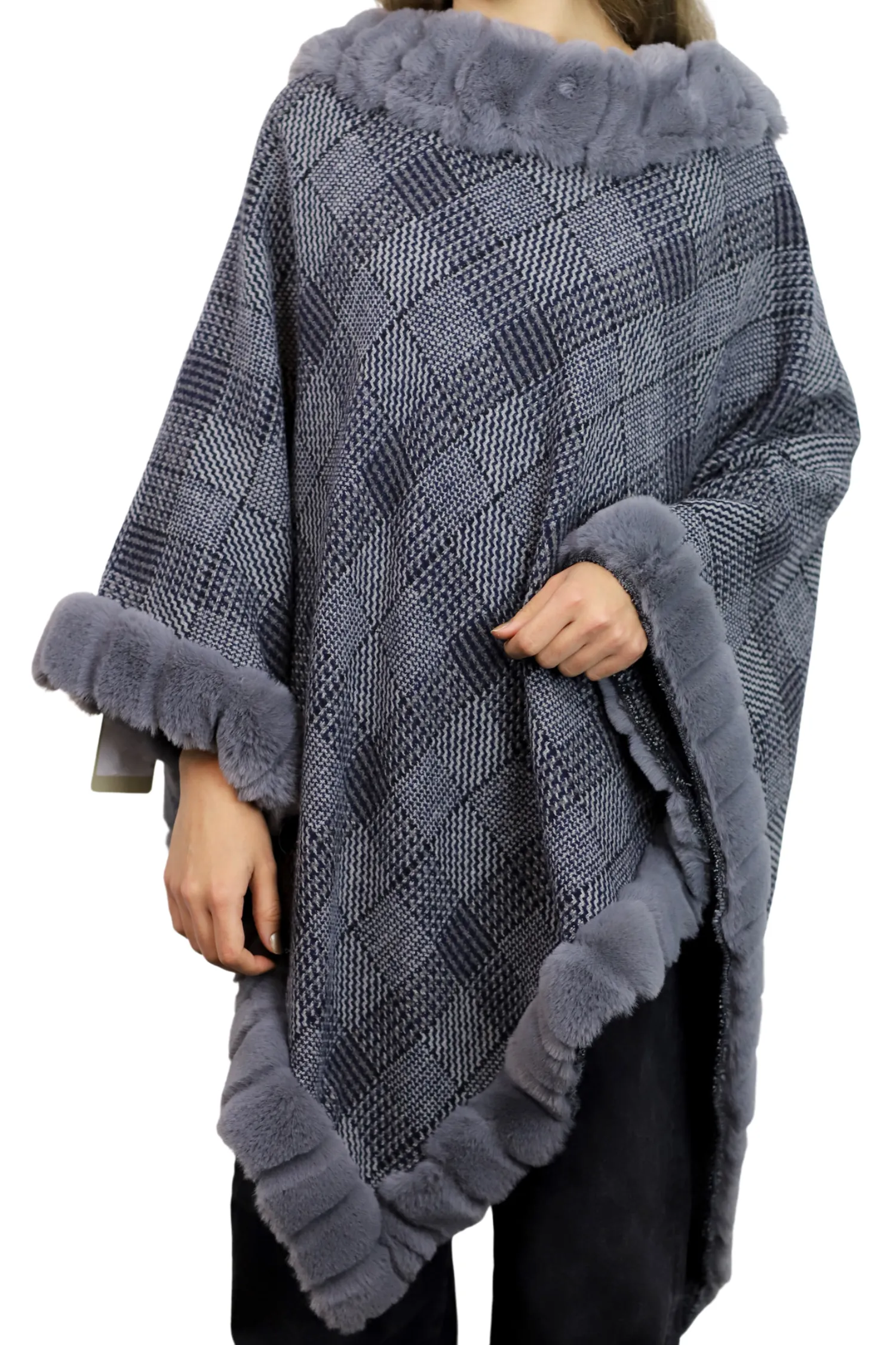 Plaid Poncho with Plush Faux Trim Detail - Grey