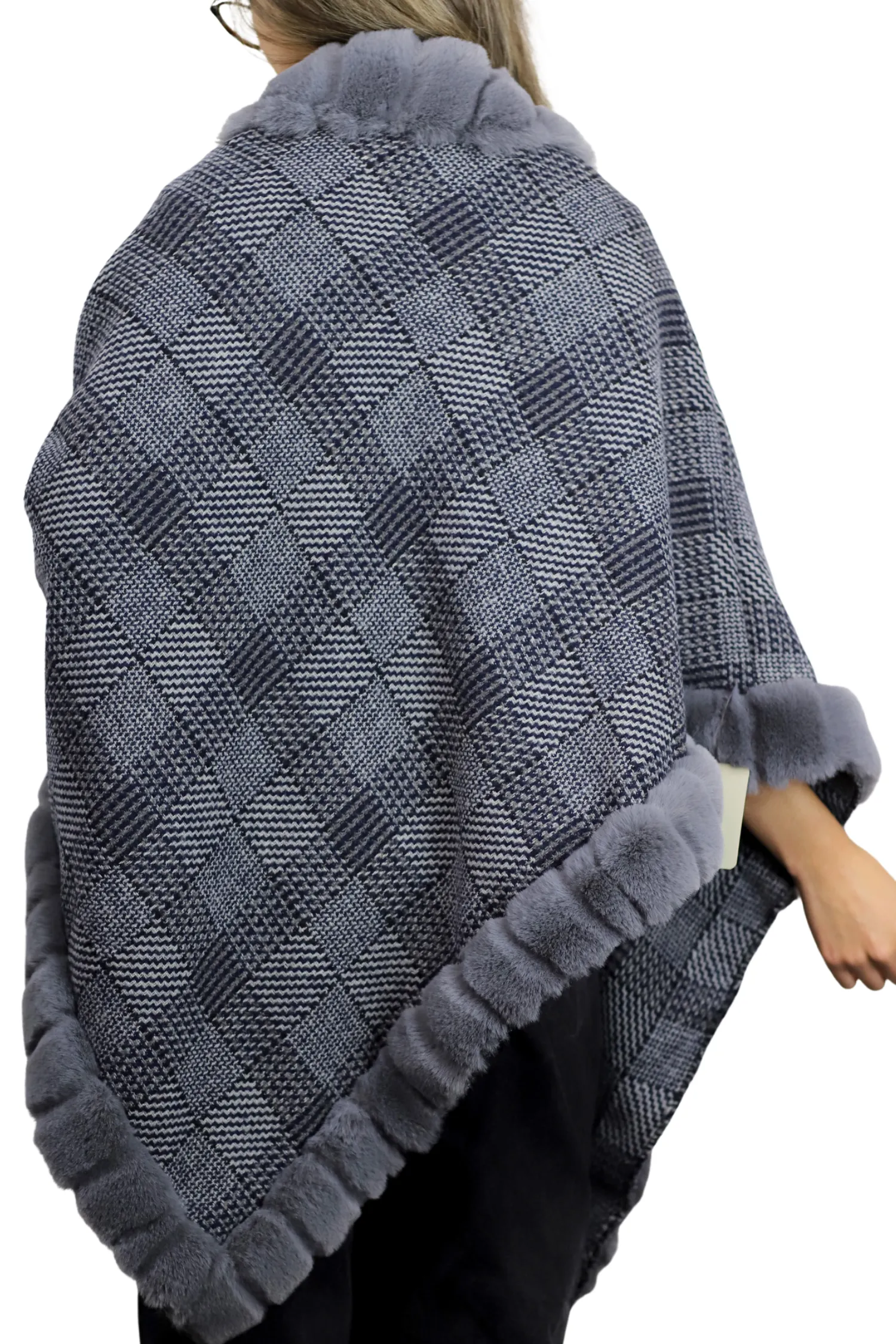 Plaid Poncho with Plush Faux Trim Detail - Grey