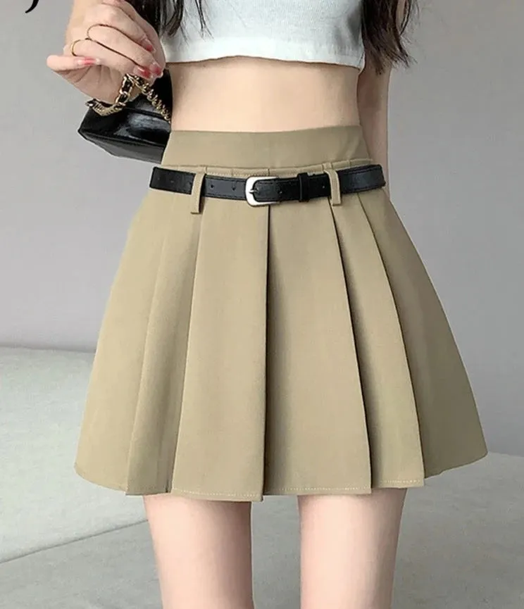 Pleated Skirt Women Spring Summer New Korean Style Short Skirts Female Fashion High Waist Student Suit Mini Skirt Belt