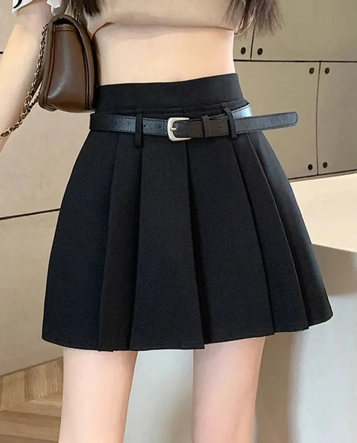 Pleated Skirt Women Spring Summer New Korean Style Short Skirts Female Fashion High Waist Student Suit Mini Skirt Belt