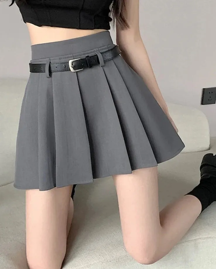 Pleated Skirt Women Spring Summer New Korean Style Short Skirts Female Fashion High Waist Student Suit Mini Skirt Belt