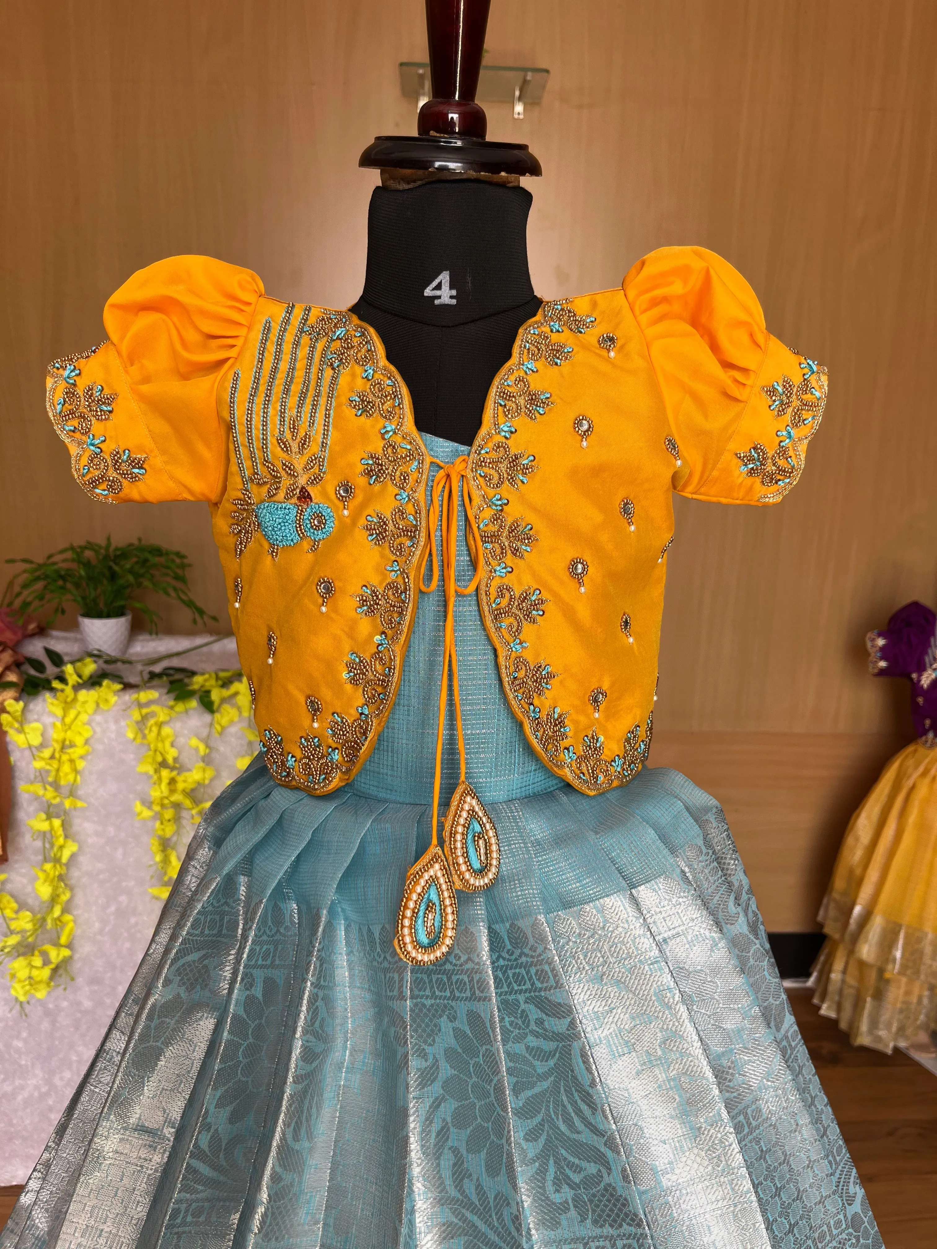 PRE ORDER : Vibrant Yellow Lehenga with Teal Blue Skirt : Premium