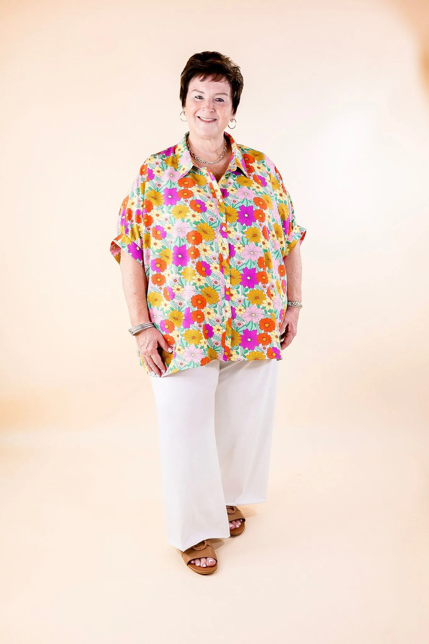 Pretty Days Floral Print Button Up Poncho Top with Short Sleeves in Cream