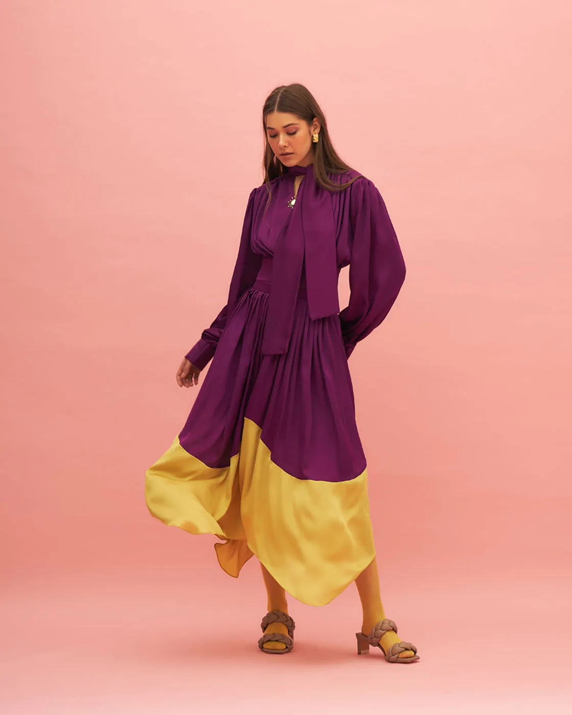 Purple Long Sleeved Satin Top And Skirt Set