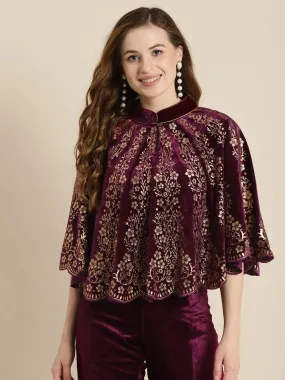 Purple Velvet Foil Print Poncho