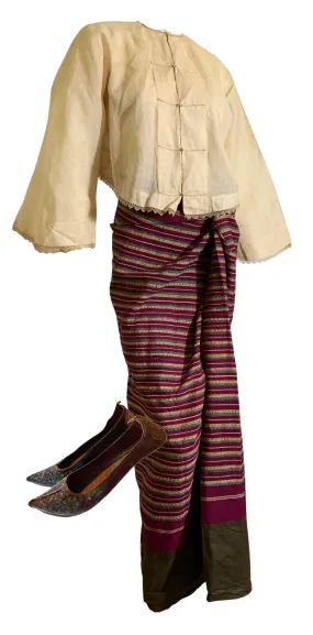 Rare Burmese Purple and Gold Striped Wool Bridal Skirt with 2 Bodices and Ornate Shoes circa 1890s