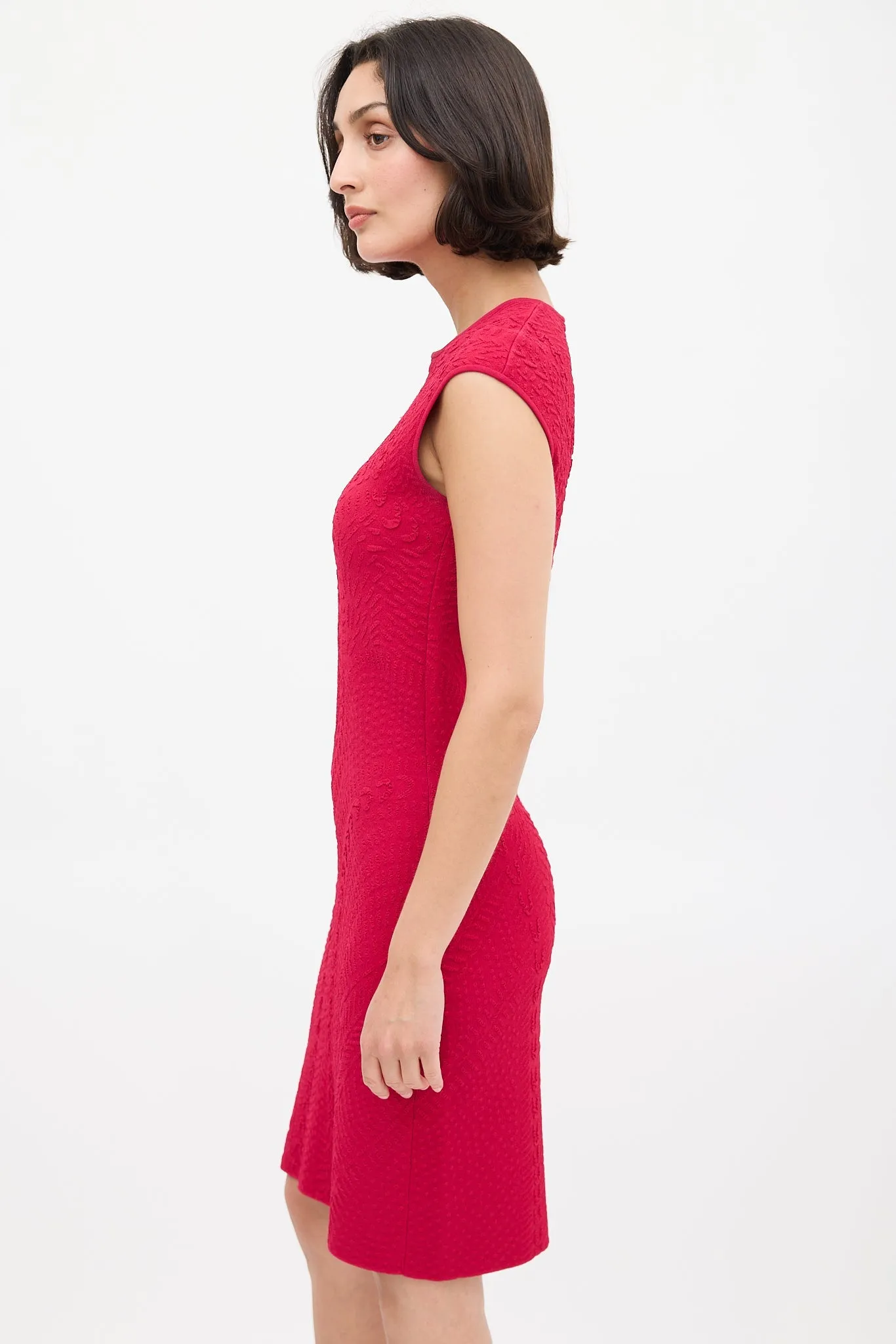 Red Textured Knit Fitted Dress