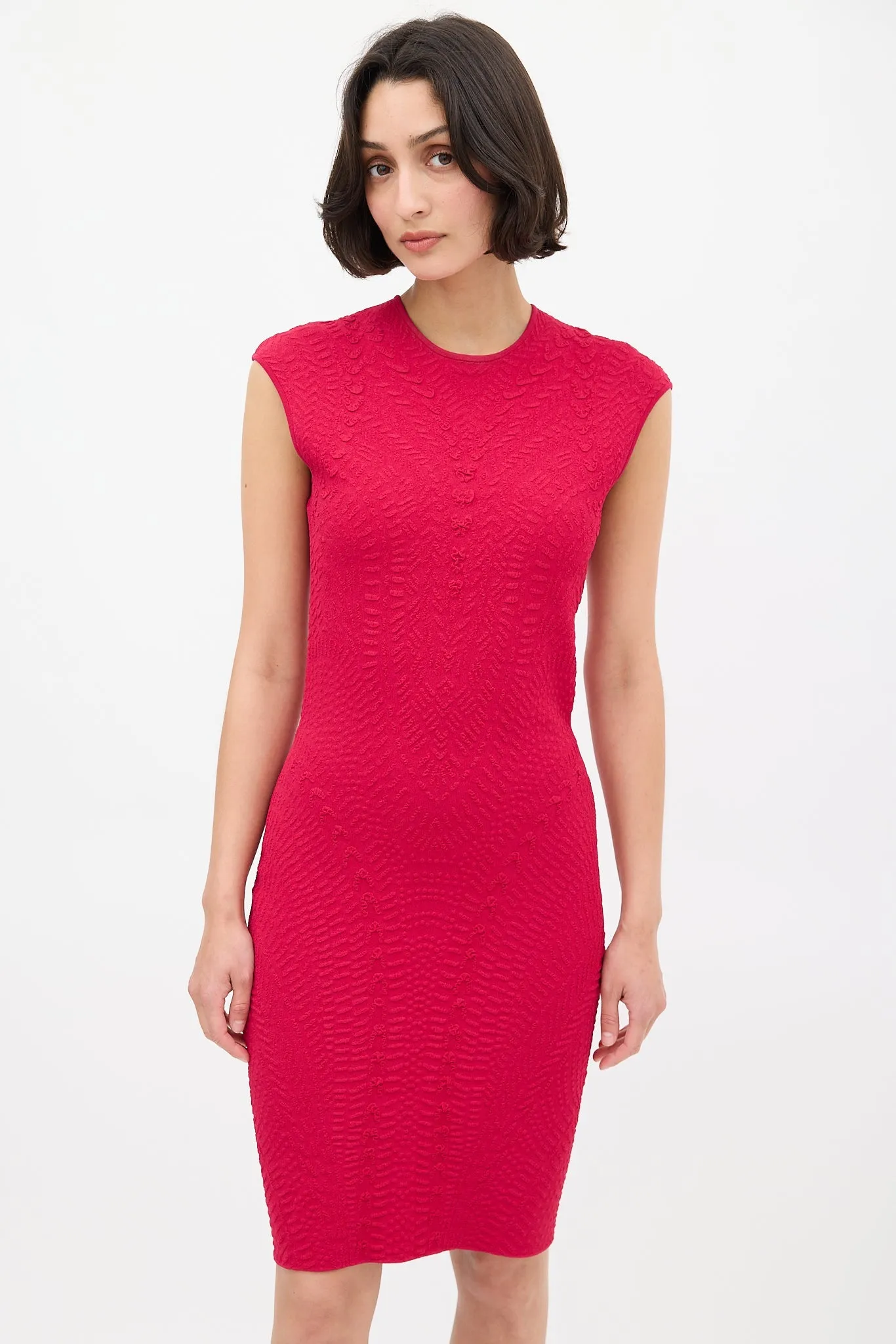 Red Textured Knit Fitted Dress