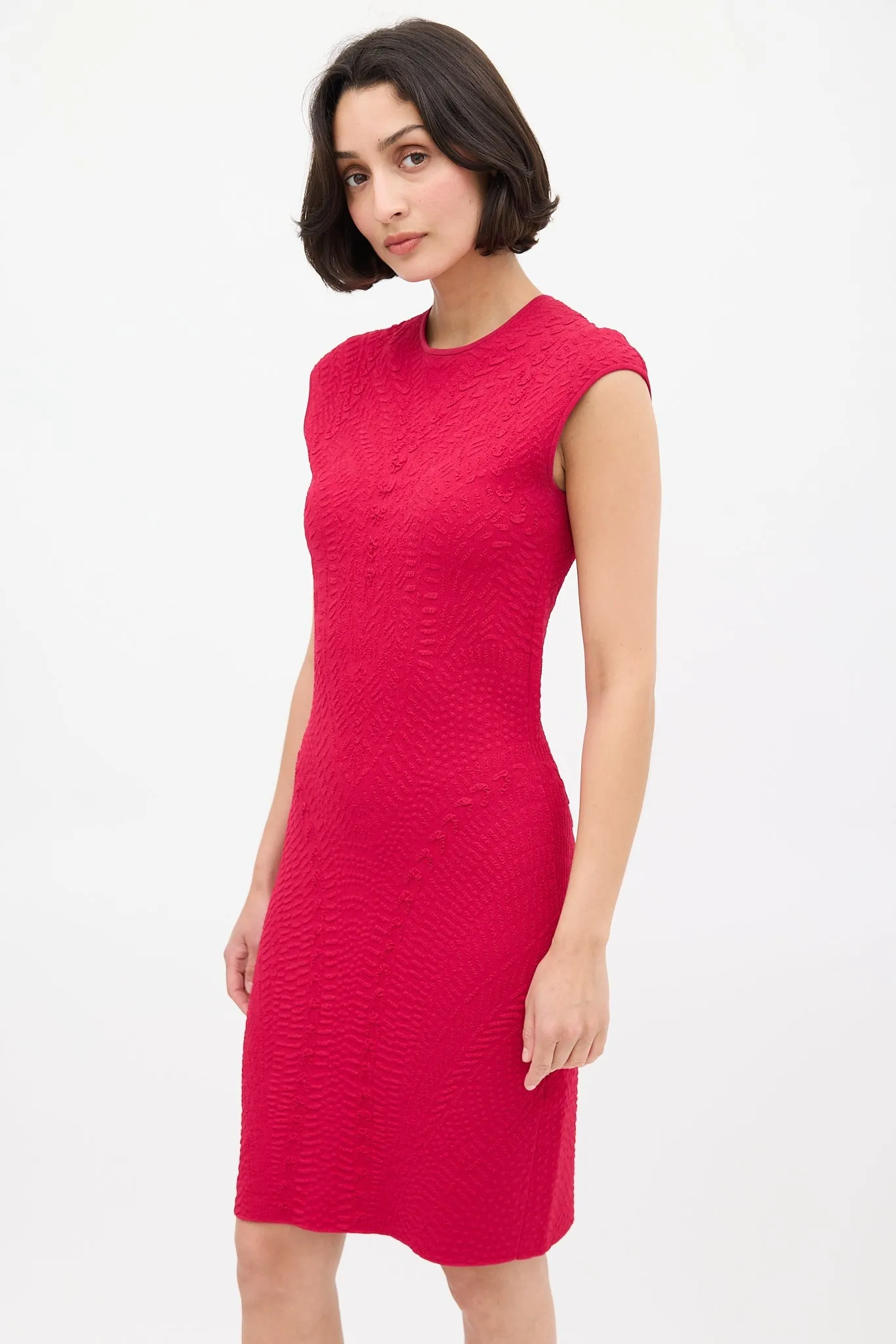 Red Textured Knit Fitted Dress