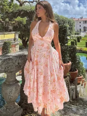 Romantic Floral Halter Midi Dress for Cocktails