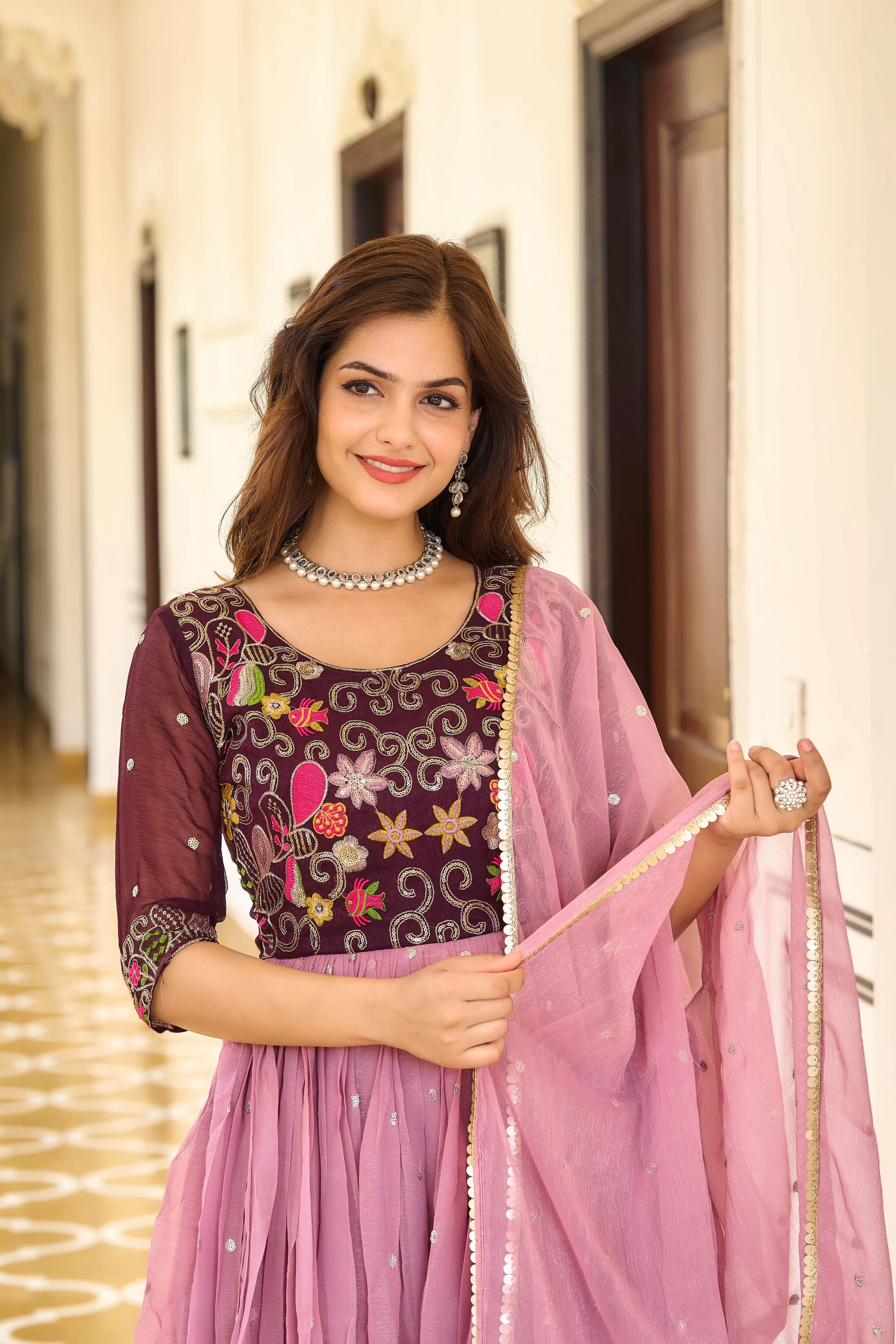 Rose Pink & Dusty Blue Gown With Dupatta