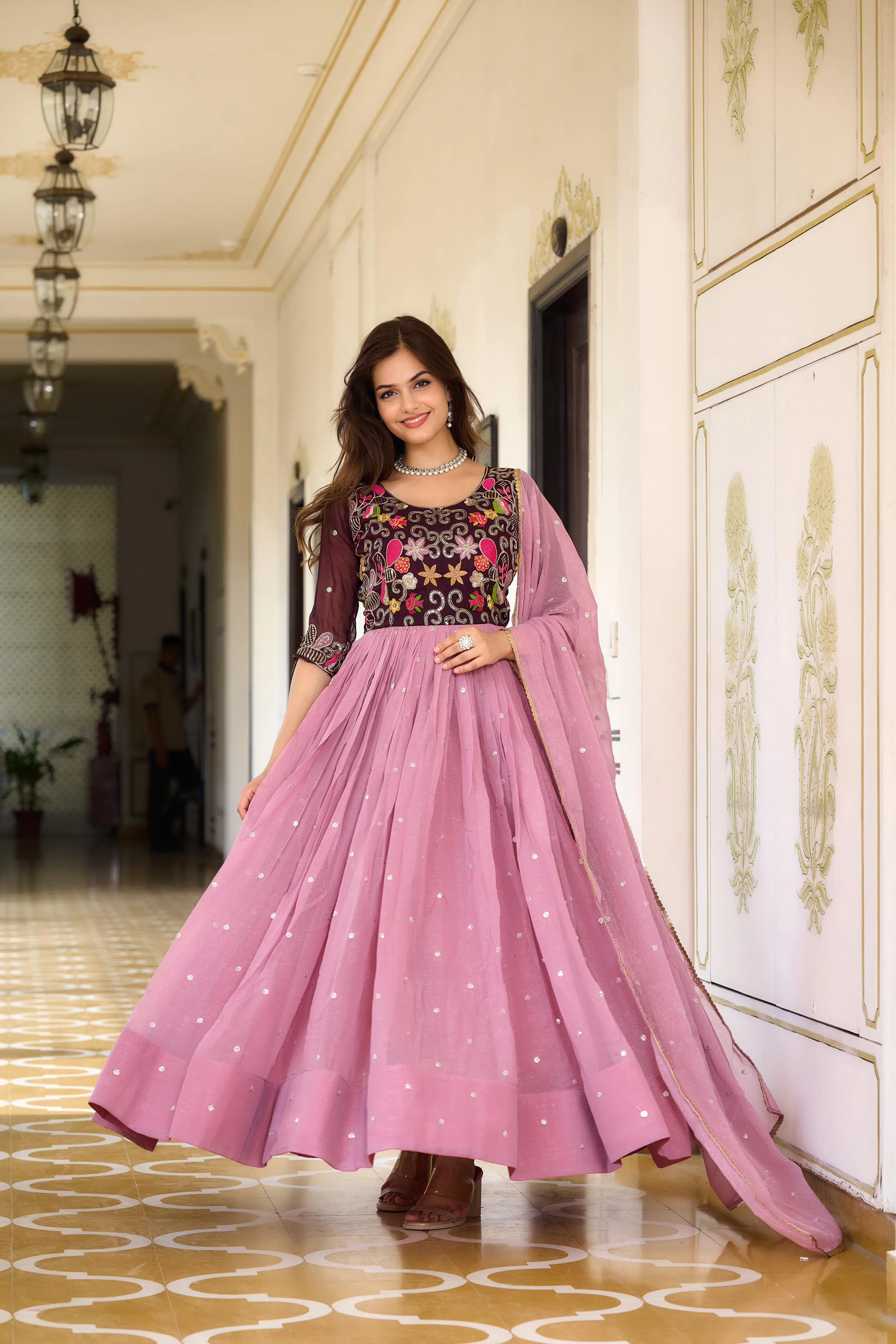 Rose Pink & Dusty Blue Gown With Dupatta