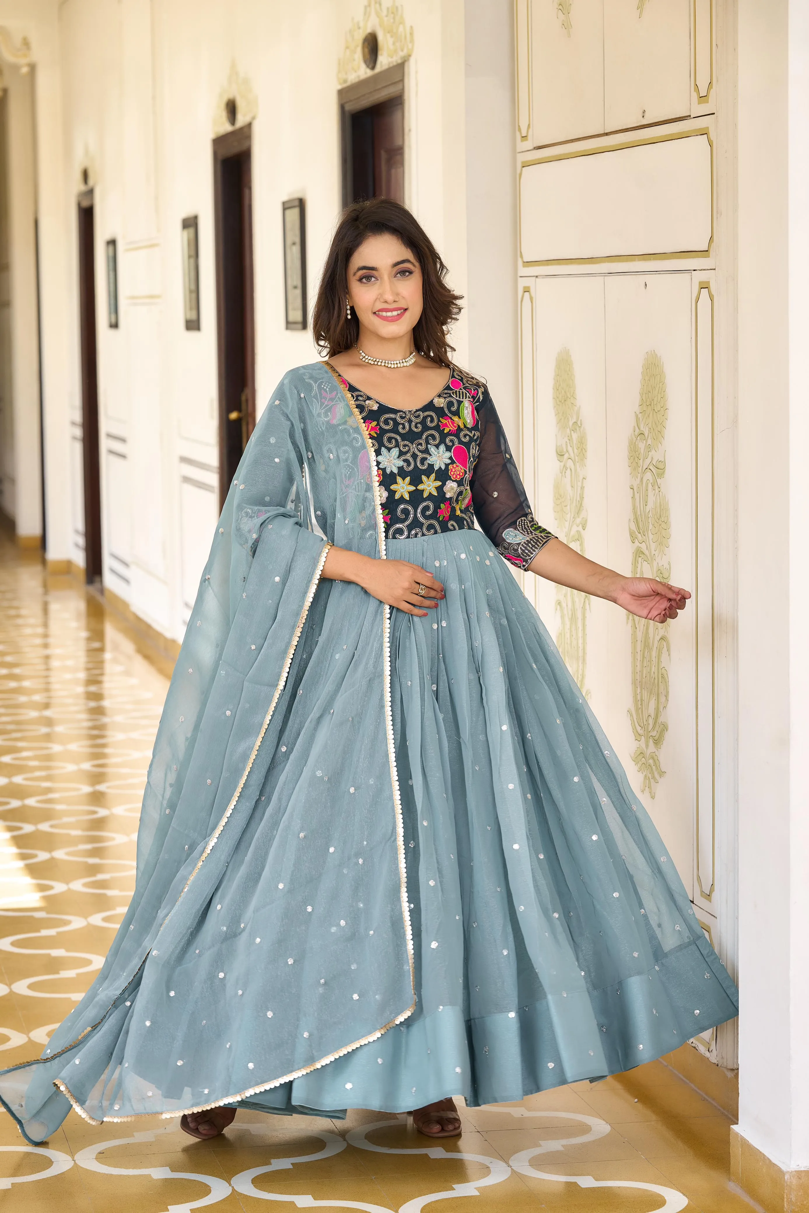 Rose Pink & Dusty Blue Gown With Dupatta