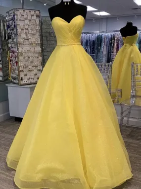 Shiny Strapless Open Back Sequins Yellow Prom Dresses, Sparkly Yellow Formal Evening Dresses, Yellow Ball