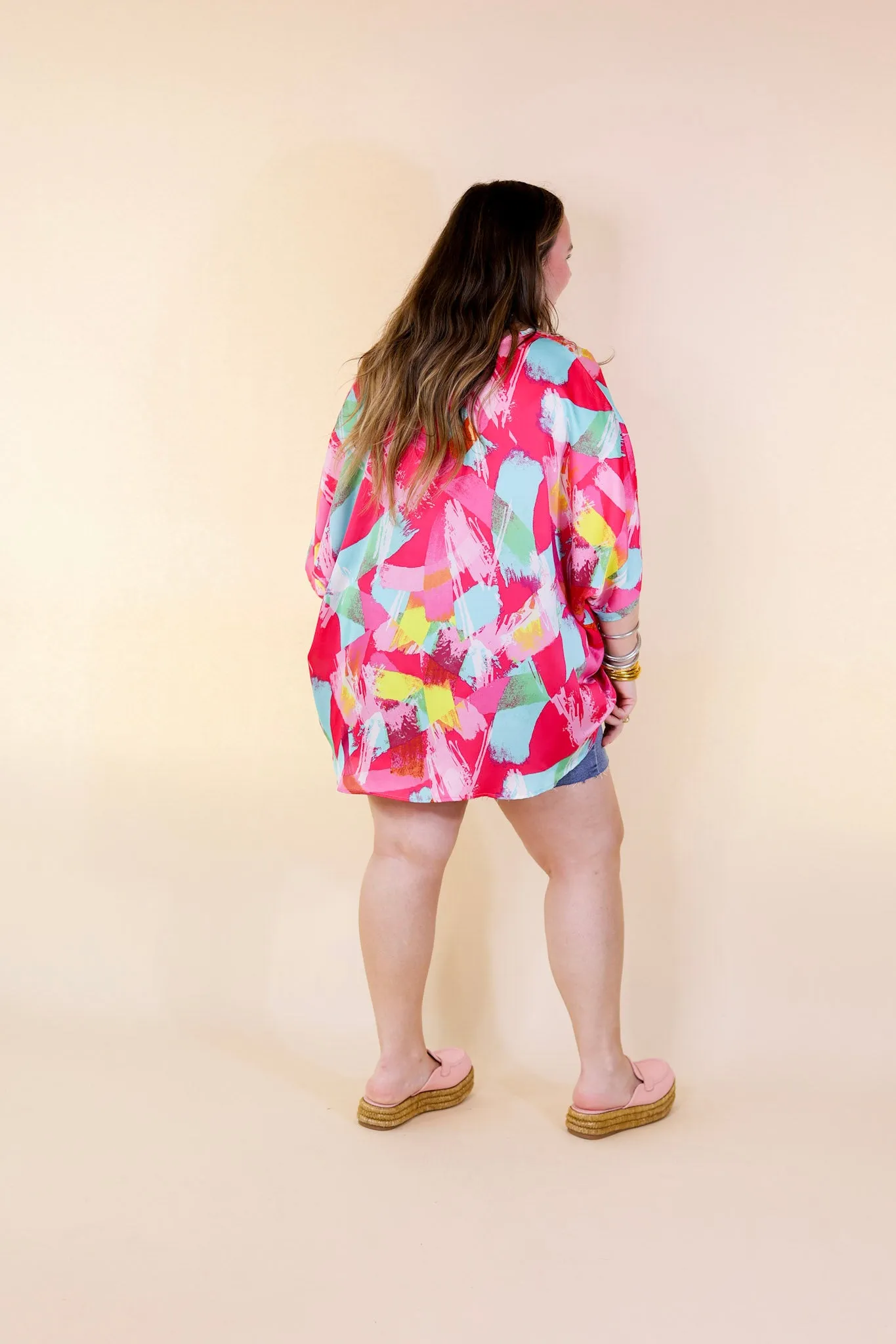 Spring It On Multi Color Brush Stroke Print Poncho Top in Pink Mix