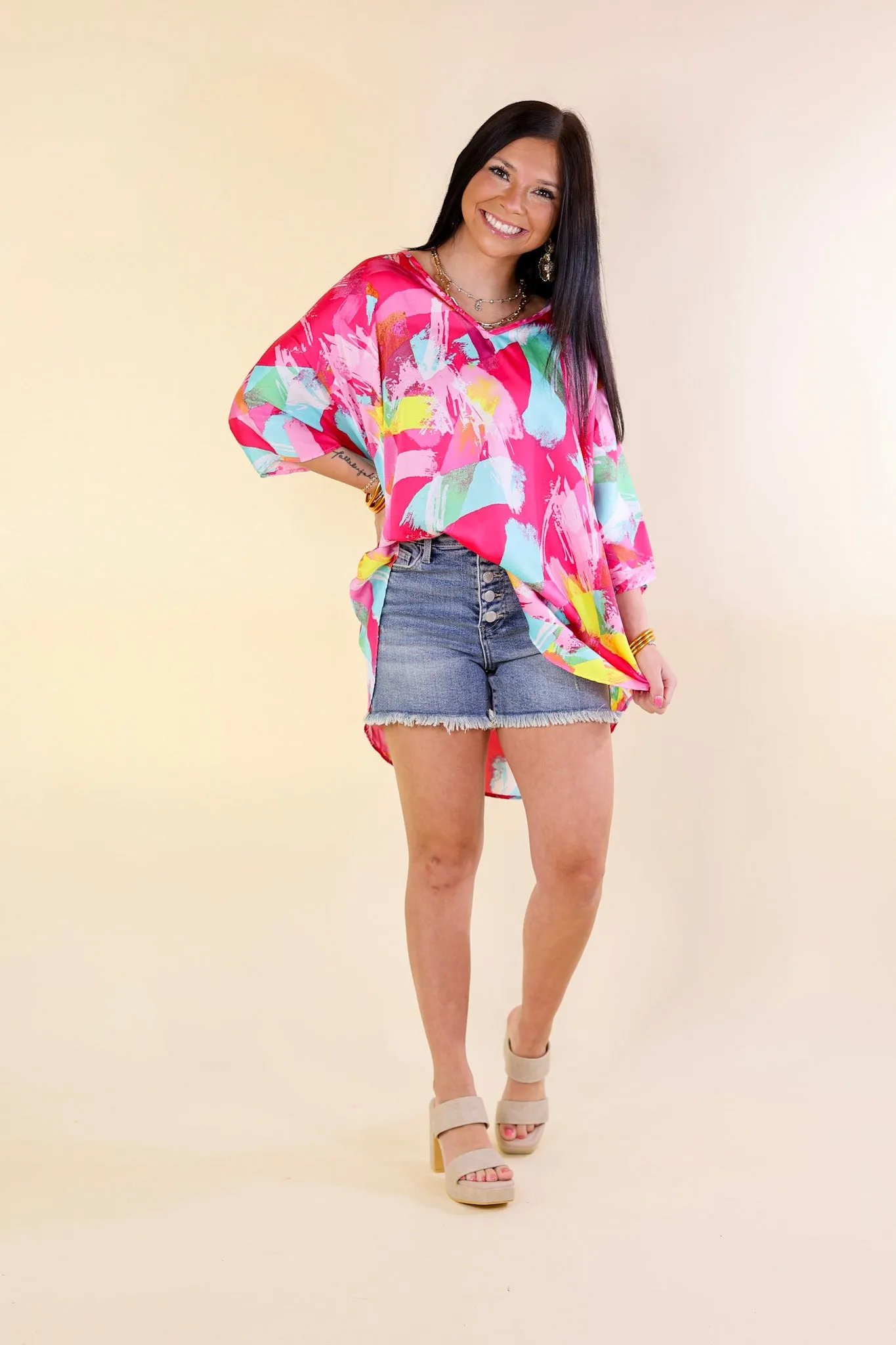 Spring It On Multi Color Brush Stroke Print Poncho Top in Pink Mix