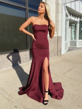 Strapless Mermaid Burgundy Long Prom with Corset Back, Mermaid Maroon Formal with Leg Slit, Mermaid Burgundy Evening