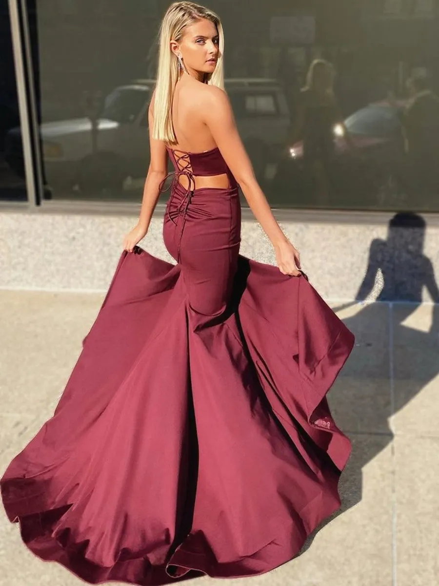 Strapless Mermaid Burgundy Long Prom with Corset Back, Mermaid Maroon Formal with Leg Slit, Mermaid Burgundy Evening