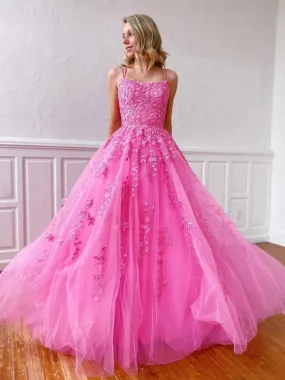 Stylish Backless Pink Lace Long Prom, Pink Lace Formal Graduation Evening